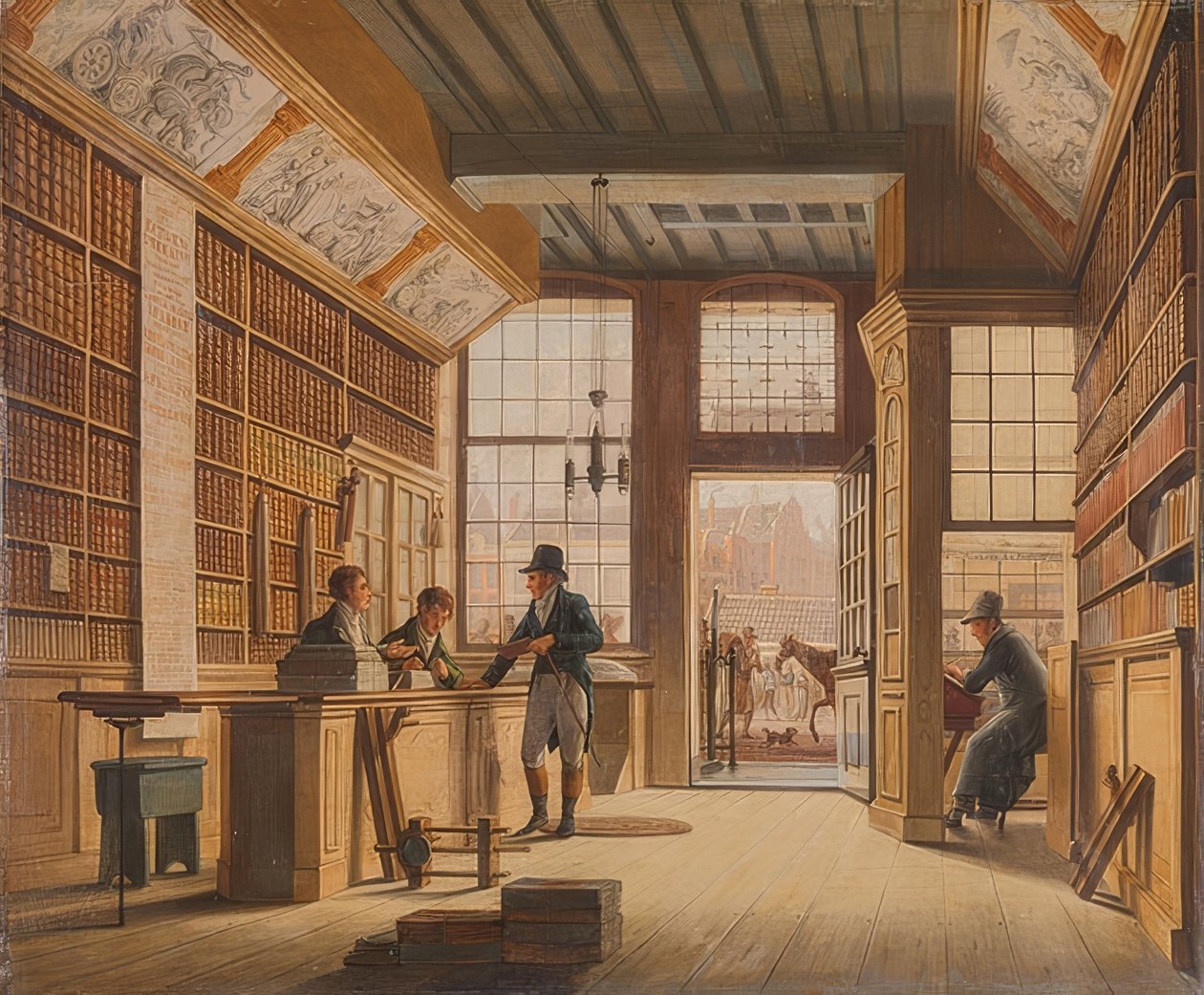Der Laden des Buchhändlers Pieter Meijer Warnars am Vijgendam Amszterdamban. 1820 alkotó: Johannes Jelgerhuis