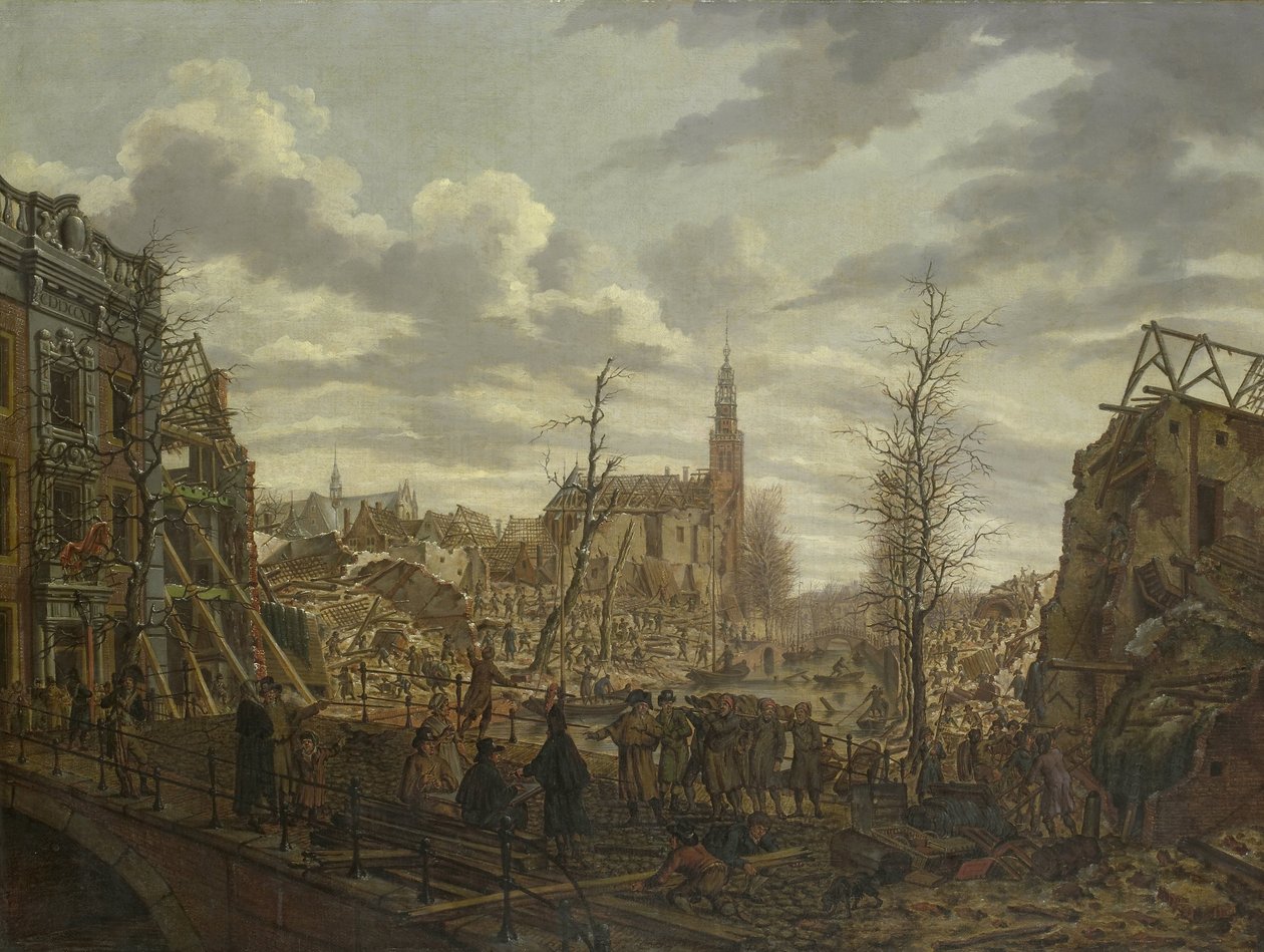 A Rapenburg, Leiden, három nappal a porhajó 1807. január 12-i felrobbanása után alkotó: Johannes Jelgerhuis