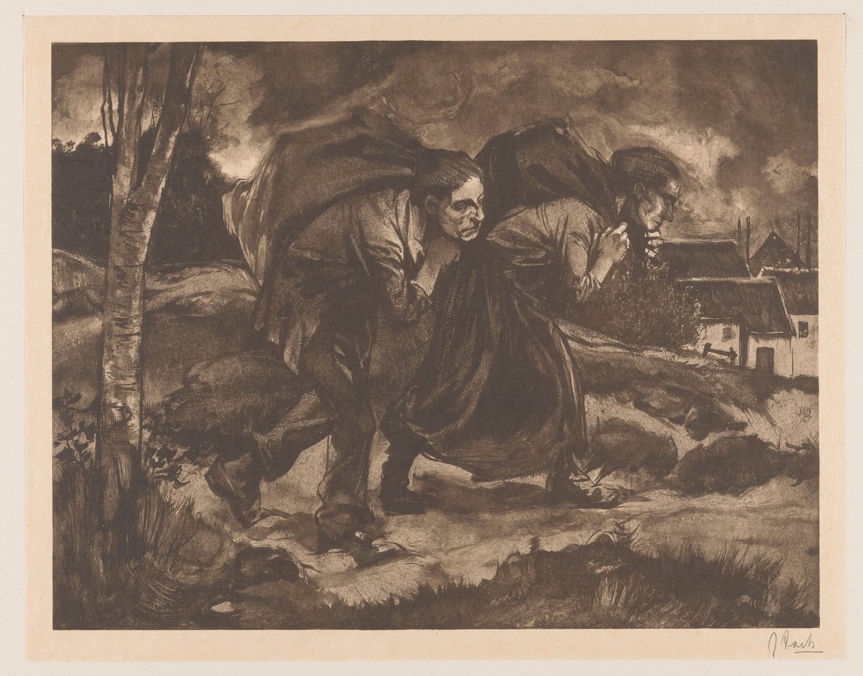 Férfi és nő táskával a hátán alkotó: Johannes Josephus Aarts (signed by artist)