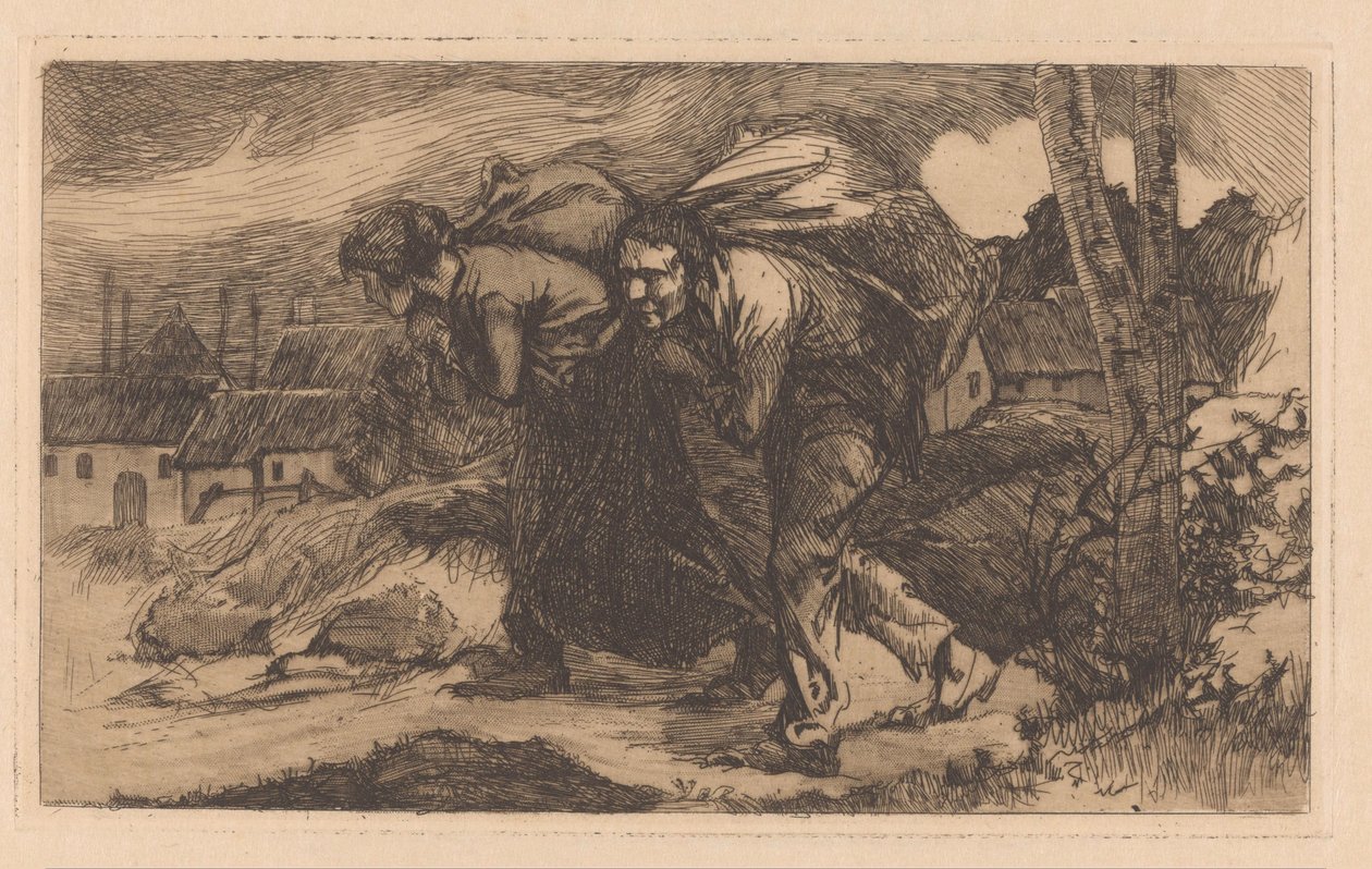 Férfi és nő táskával a hátán alkotó: Johannes Josephus Aarts