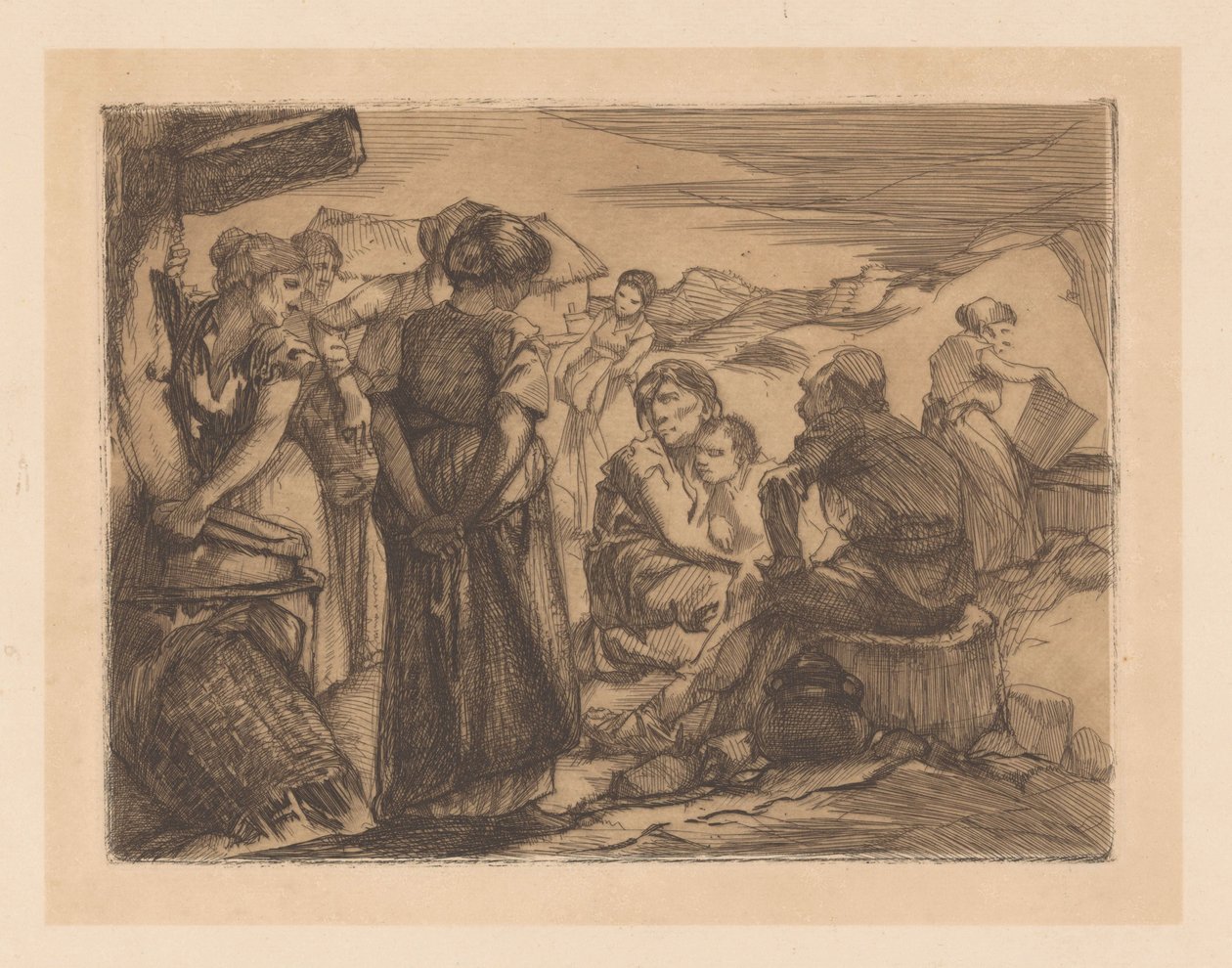 Férfi, nő és gyerek egy dombos tájon alkotó: Johannes Josephus Aarts