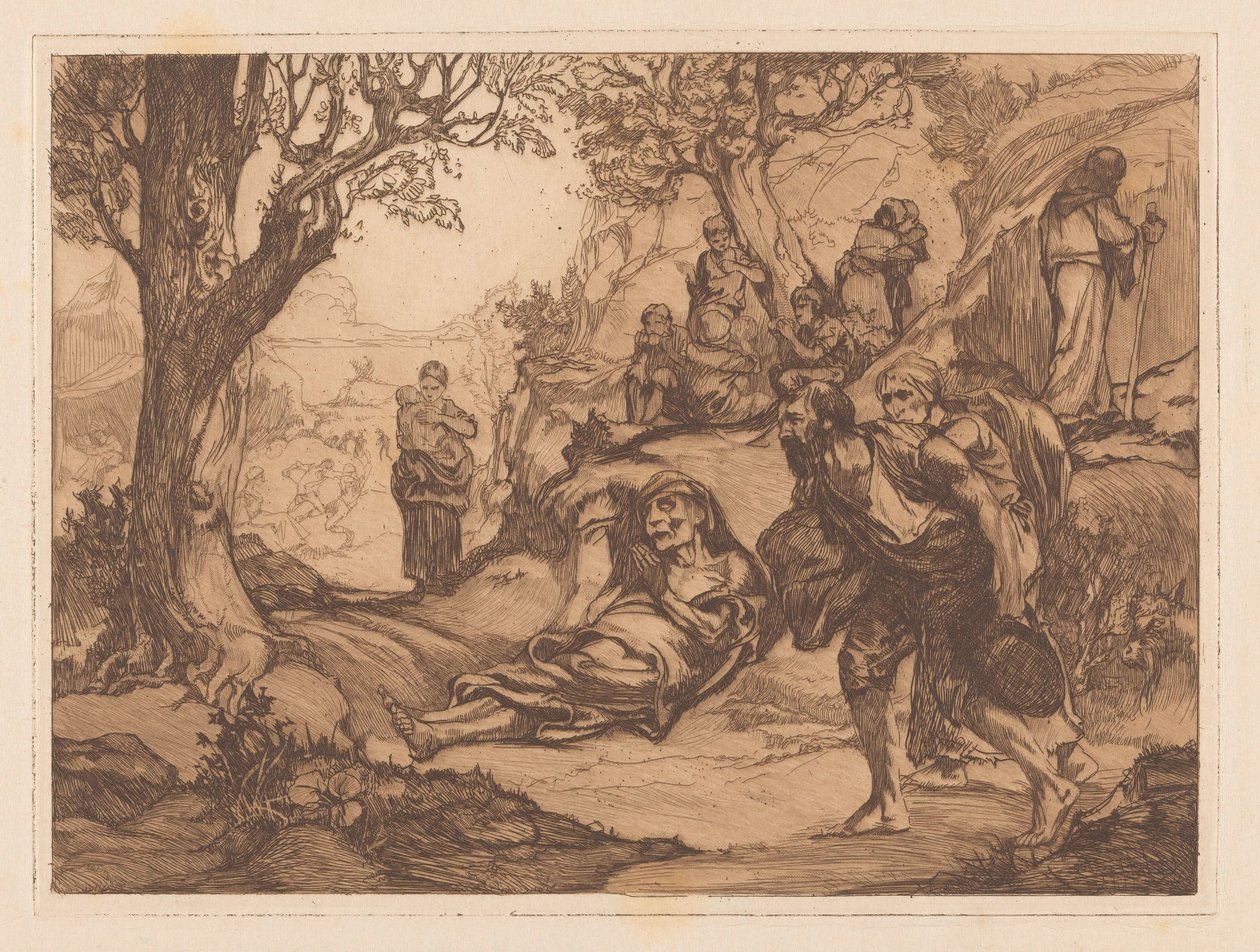 Férfiak, nők és gyerekek egy dombos tájon alkotó: Johannes Josephus Aarts