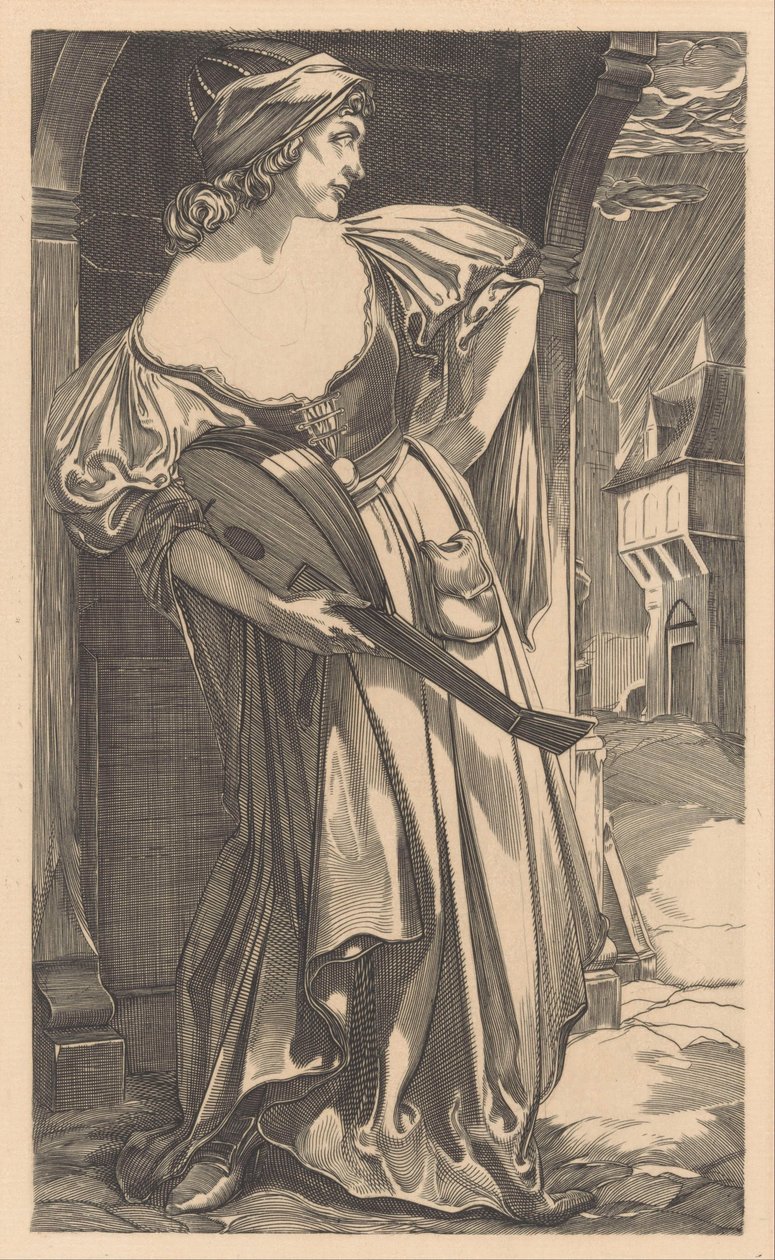 Nő lanttal az utcán alkotó: Johannes Josephus Aarts