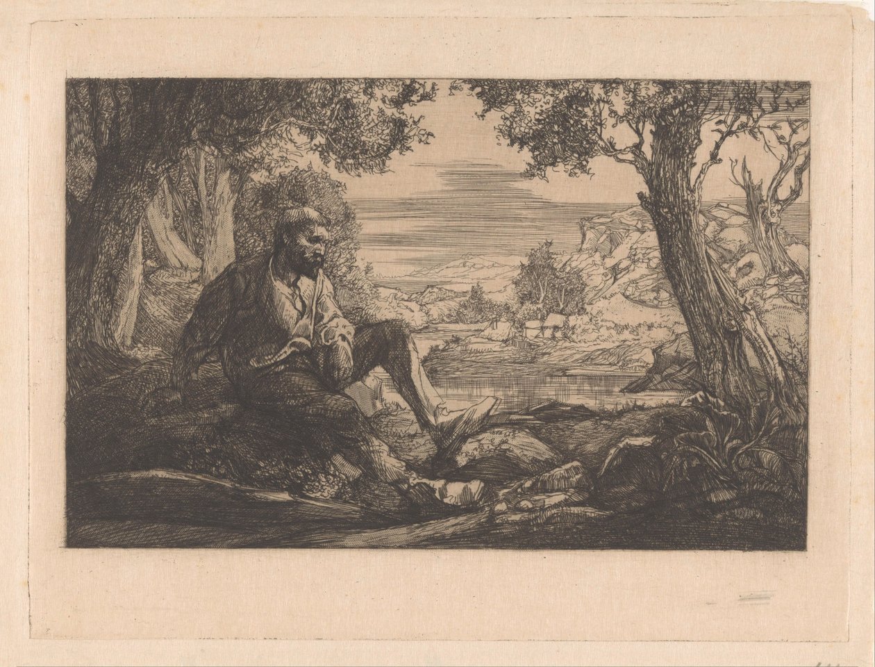Ülő férfi dombos tájon alkotó: Johannes Josephus Aarts