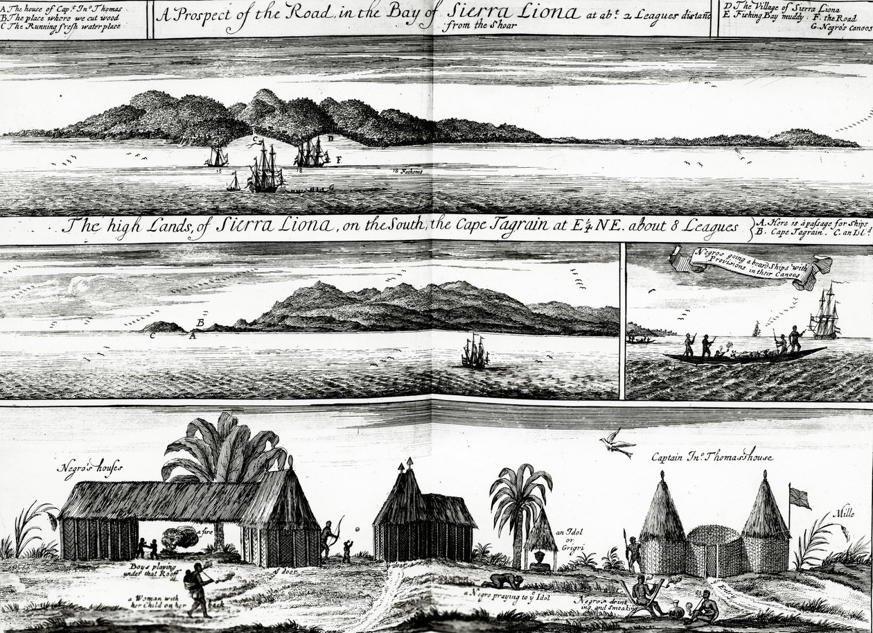 Az út kilátásai a Sierra Liona-öbölben, Awnsham és John Churchill 1732-ben megjelent „Utak és utazások gyűjteménye” című művének 5. kötetének illusztrációja. alkotó: Johannes Kip