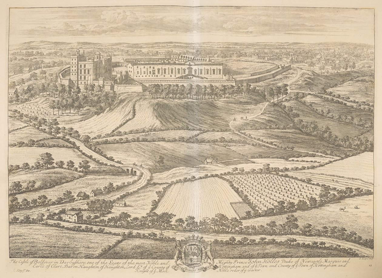 Bolsover kastélya Darbyshire-ben: a legnemesebb és leghatalmasabb John Holles herceg, Newcastle hercege, Clare márki és gróf, Haughton báró, Nottingham megye lord hadnagyának és városának és városának megyéjének egyik székhelye Nottingham an alkotó: Johannes Kip