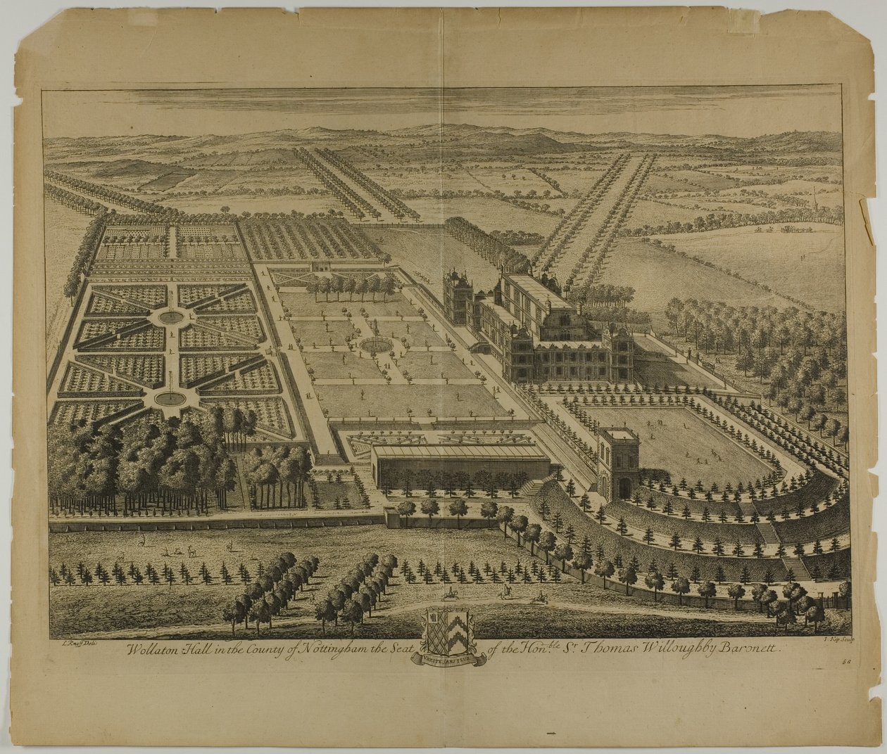 Wollaton Hall Nottingham megyében, 68. lemez a Britannia Illustratától alkotó: Johannes Kip
