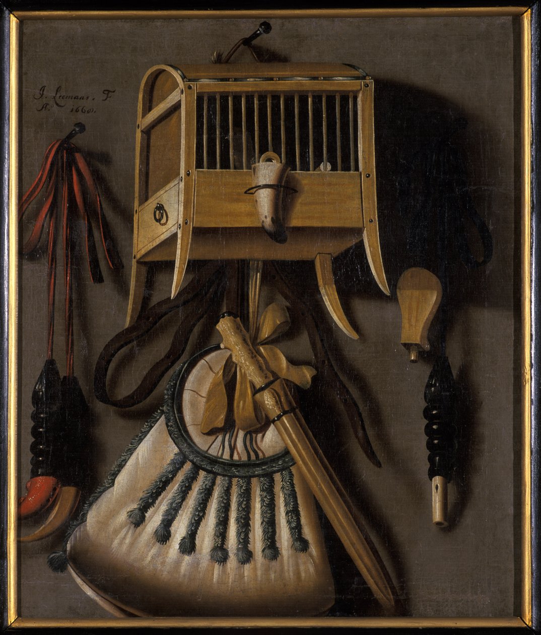 Csendélet madárfogó berendezéssel, 1660 alkotó: Johannes Leemans