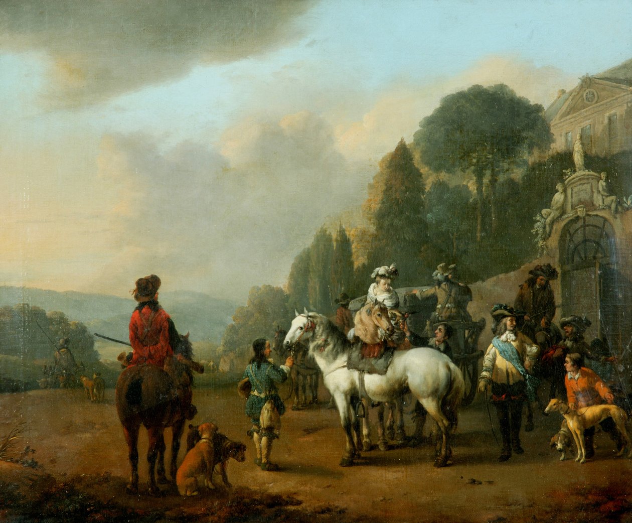 A Party of Falconers outside the Gates of a Chateau (oil on canvas) alkotó: Johannes Lingelbach