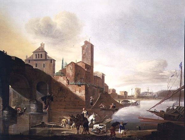 A római Ponte Molle látképe alkotó: Johannes Lingelbach