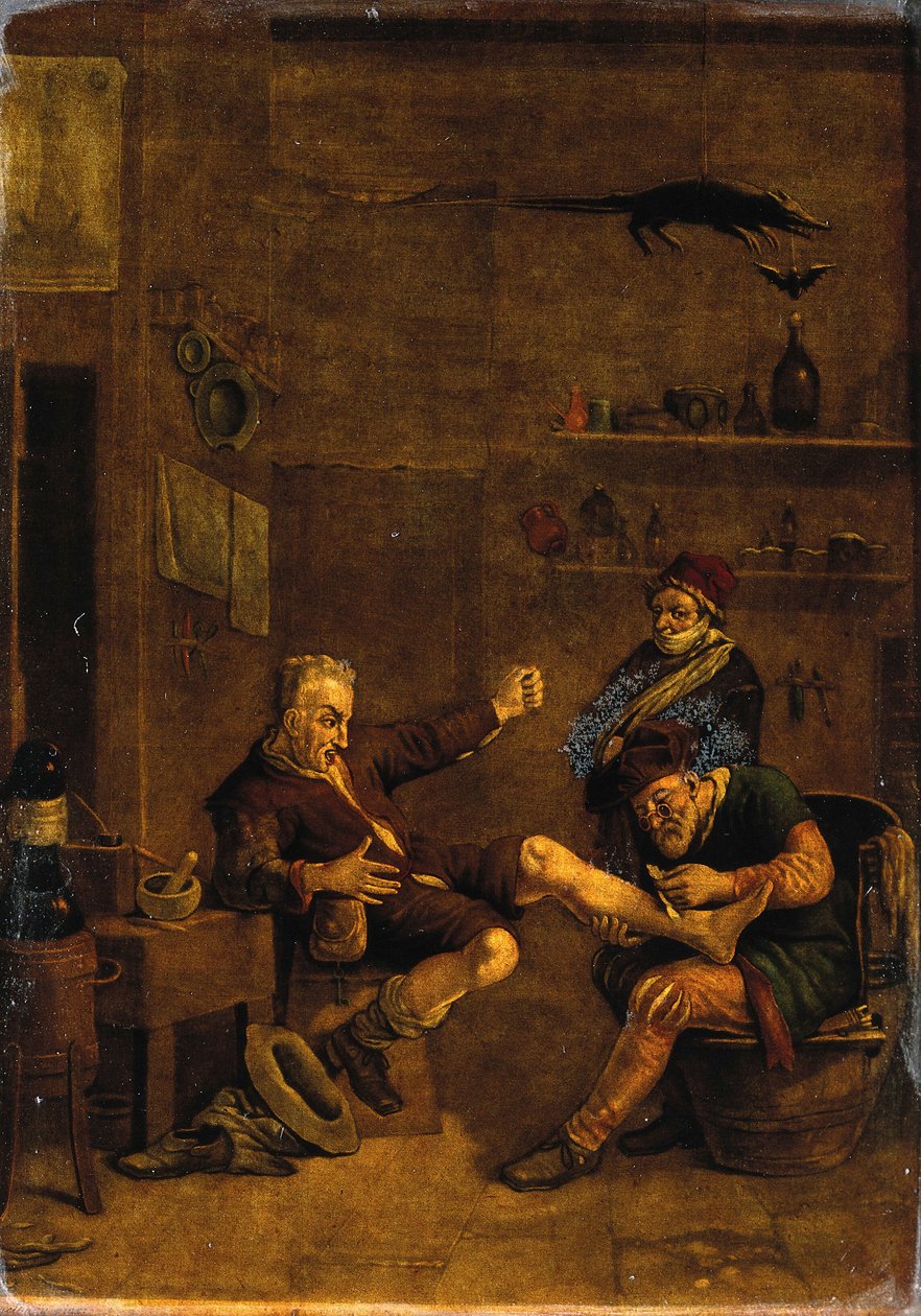 Egy sebész egy férfi lábát kezeli. Mezzotint Johannes Lingelbachnak tulajdonított kompozíció alapján. alkotó: Johannes Lingelbach