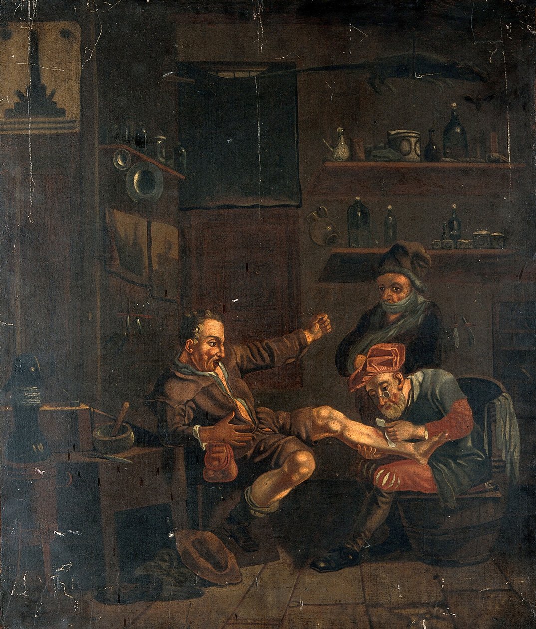 Egy sebész egy férfi lábát kezeli. Olajfestmény, Johannes Lingelbachnak tulajdonított kompozíció alapján. alkotó: Johannes Lingelbach