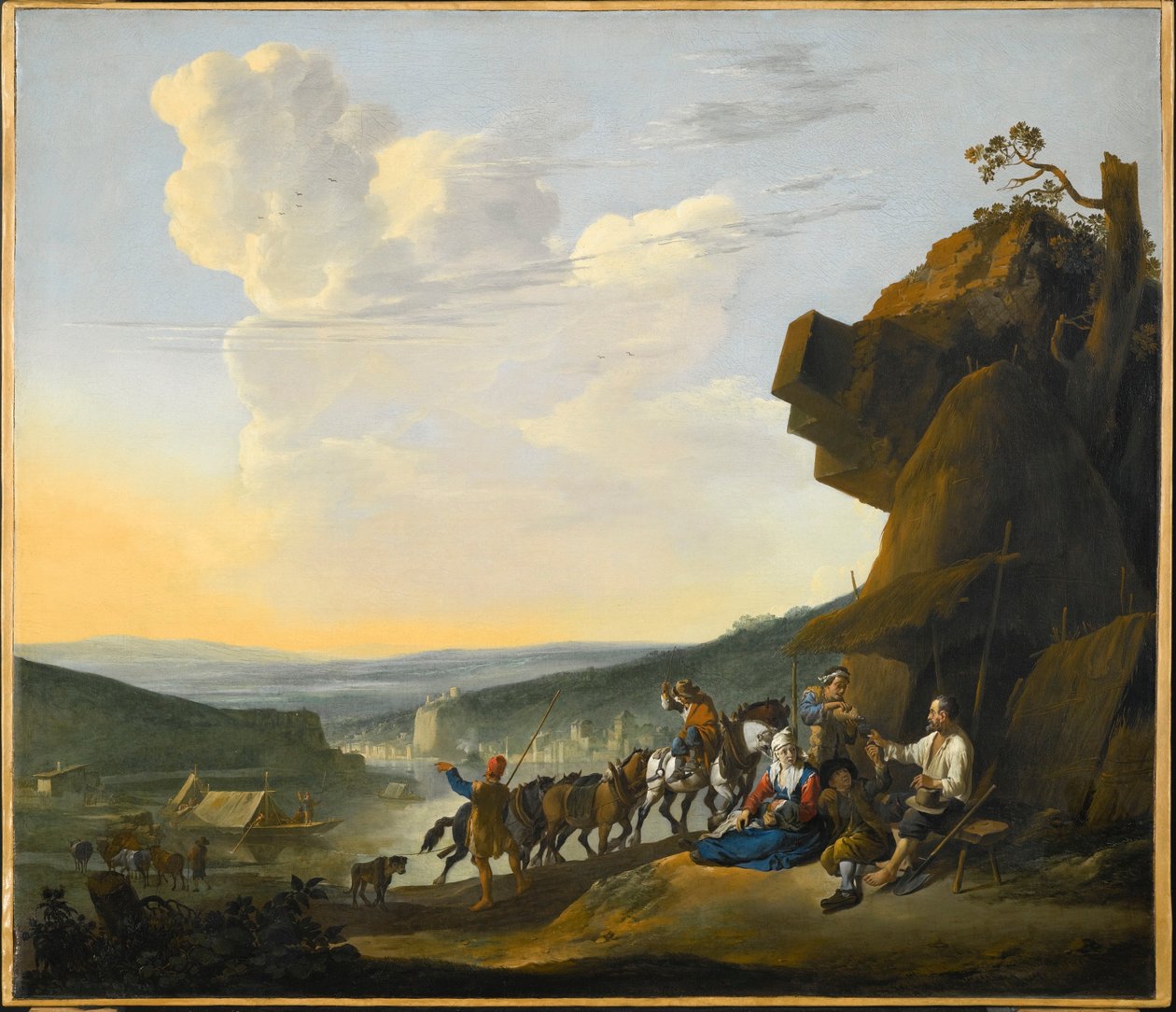 Német: Südliche Landschaft mit Fähre Déli táj egy öbölre néző kilátással, pihenő utazókkal. alkotó: Johannes Lingelbach