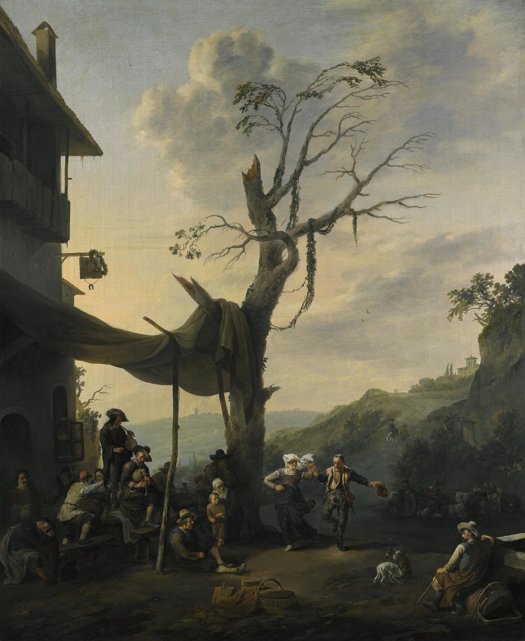 Hegyvidéki táj, táncoló és zenélő parasztok egy fogadó előtt alkotó: Johannes Lingelbach
