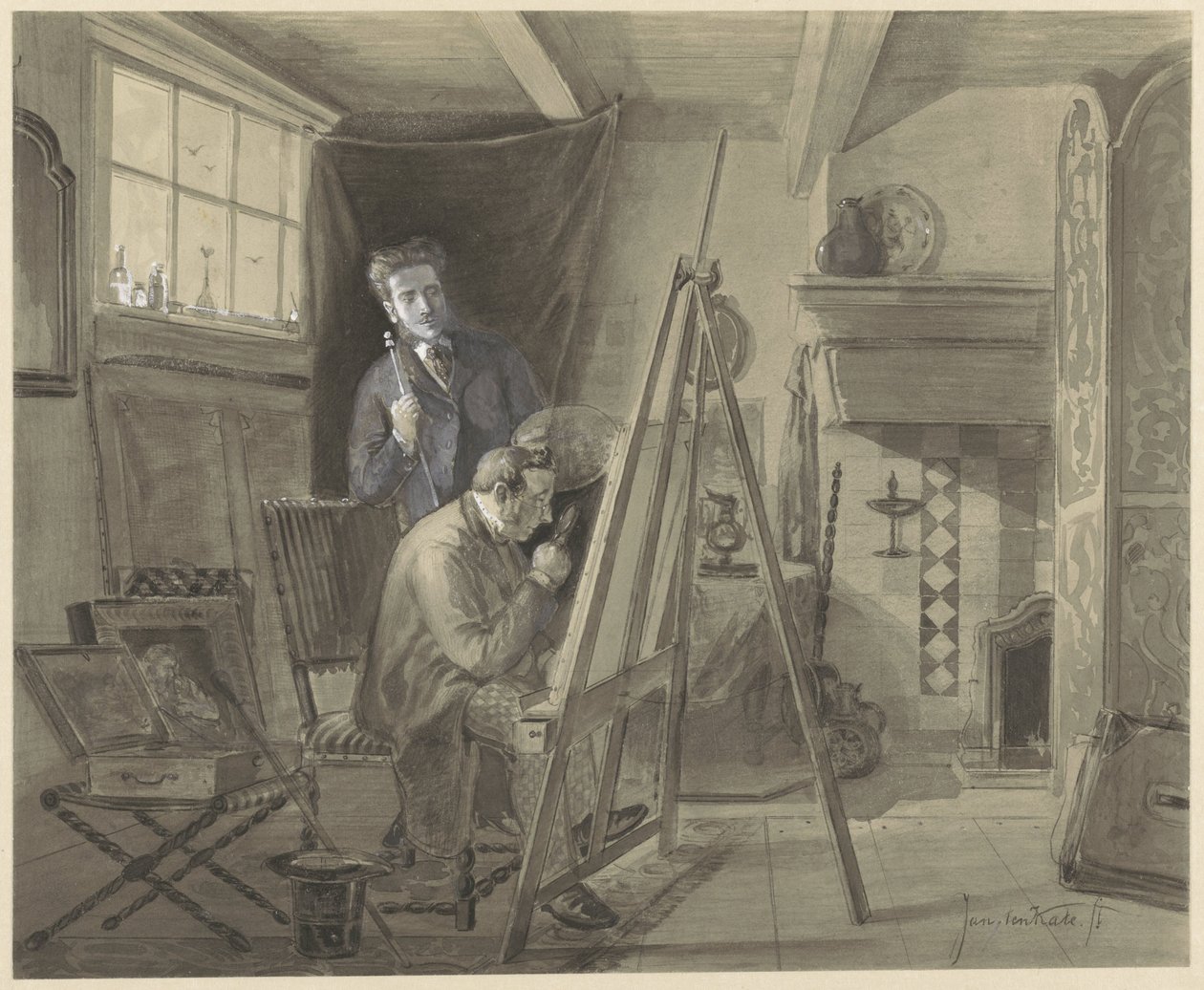 Johannes Marius van Kate önarcképe a műtermében egy látogatóval alkotó: Johannes Marius ten Kate