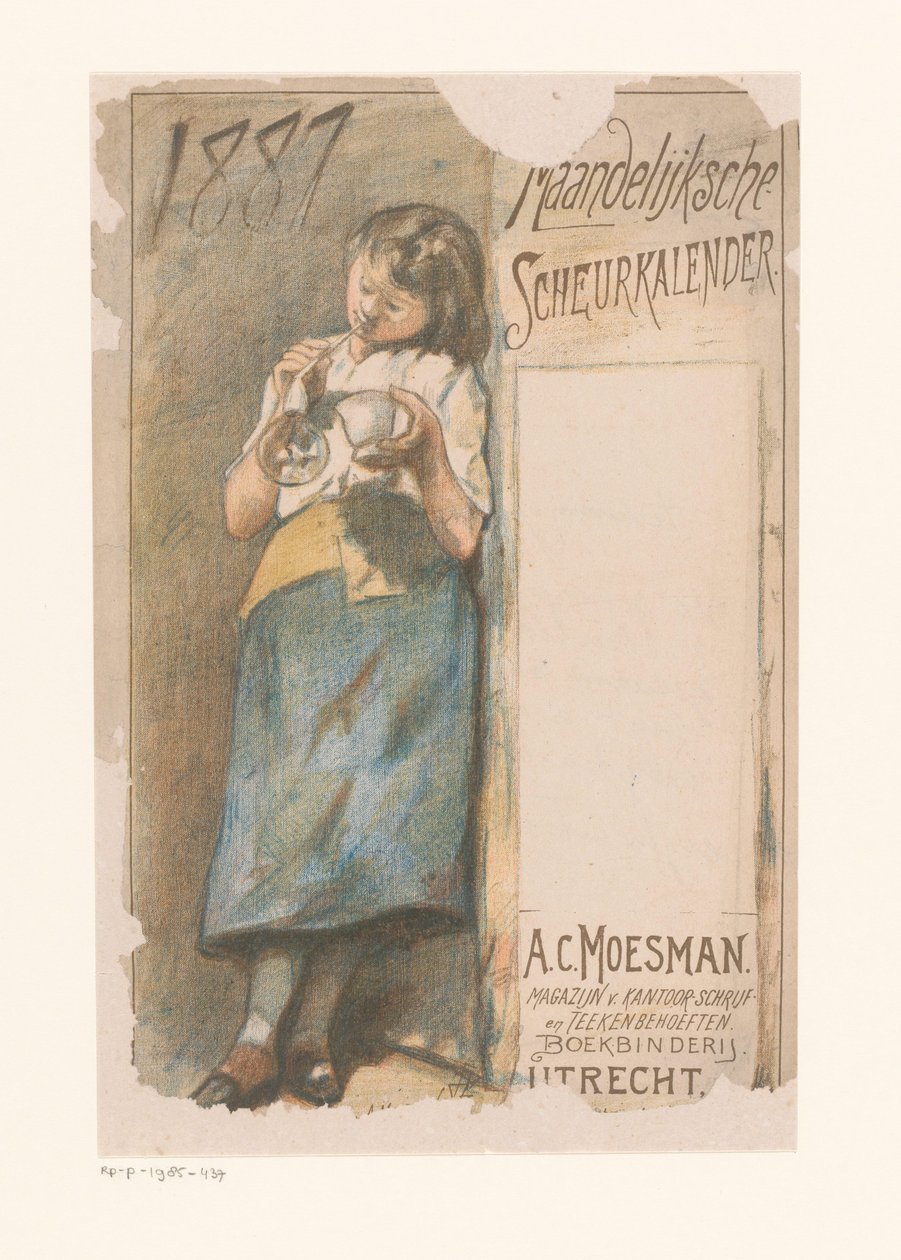 Letéphető naptár buborékfújó lánnyal Havi könnynaptár 1887 (cím a tárgyon) alkotó: Johannes Moesman
