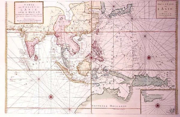 Északnyugat-Indiától Észak-Ausztráliáig, Japánon és a Fülöp-szigeteken át tartó tengerparti diagram, 1700 körül (színes metszet) alkotó: Johannes and Mortier Cornelis Covens