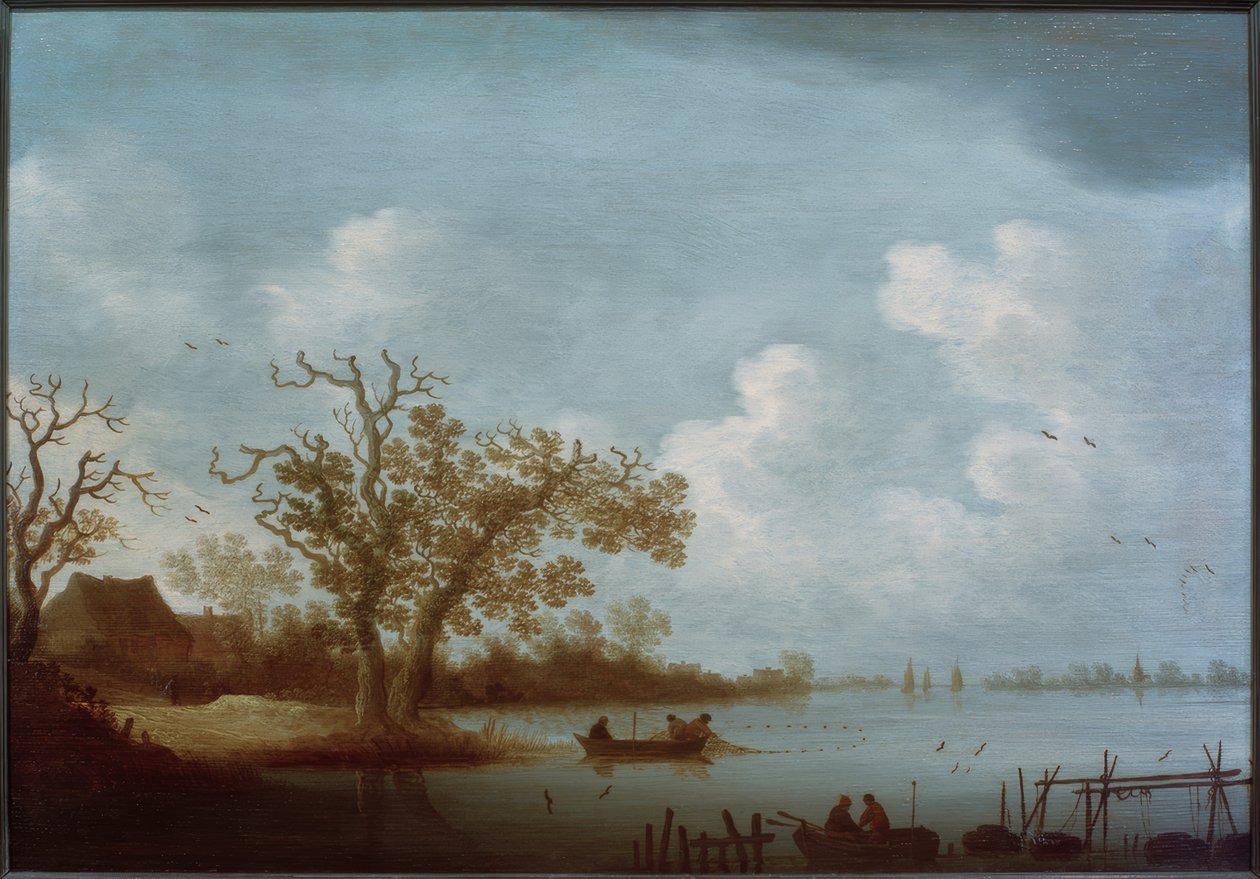 Holland folyó táj parasztházakkal és halászhajókkal alkotó: Johannes Pietersz. Schoeff