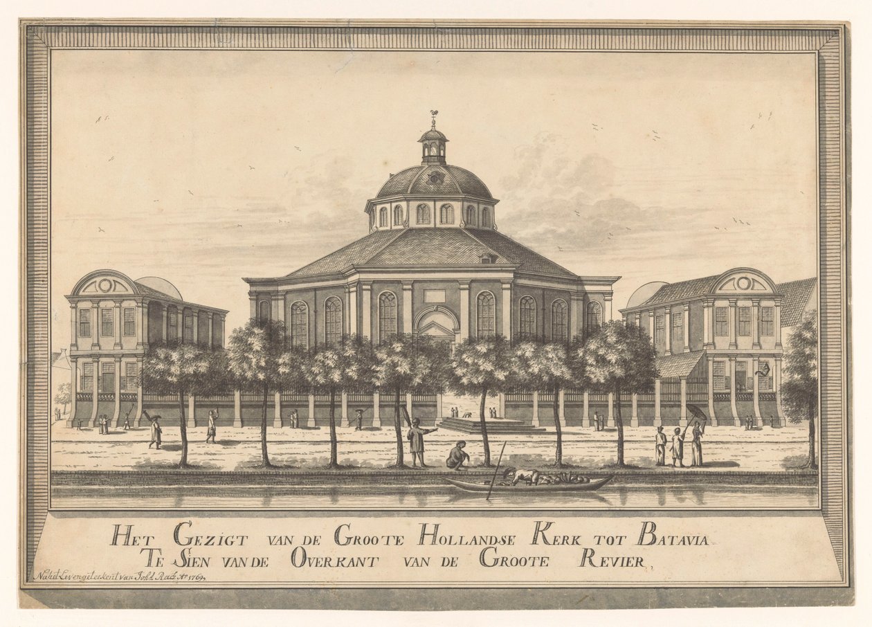 Kilátás a Batavia új holland templomára Kilátás a Groote Hollandse Kerkről Batavia Te Sienre a Groote Revier túloldaláról (cím az objektumon) alkotó: Johannes Rach