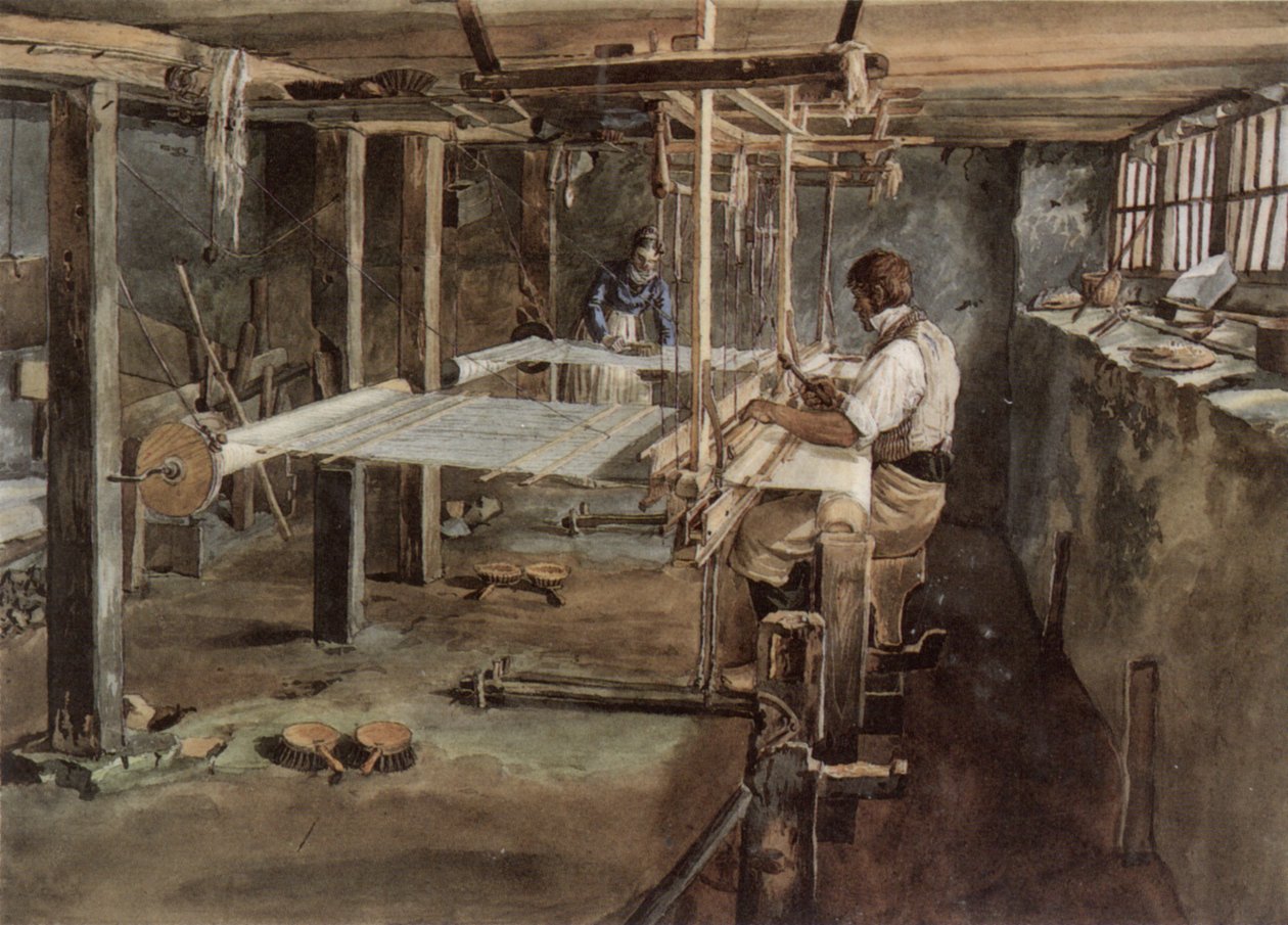 Appenzell szövőpár dolgozik a kézi szövőszéken, 1830 körül alkotó: Johannes Schiess