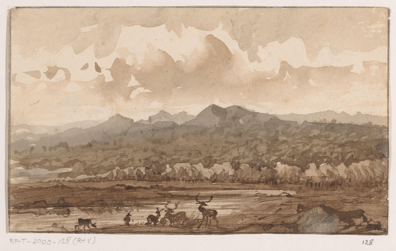 Hegyi táj szarvasokkal alkotó: Johannes Tavenraat (signed by artist)