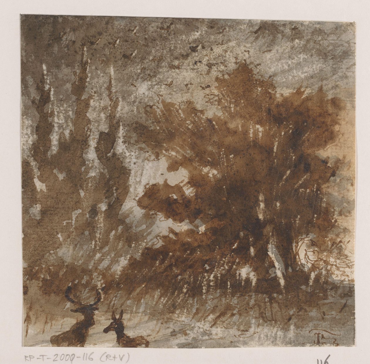 Szarvasok és madarak magas fák közelében alkotó: Johannes Tavenraat (signed by artist)