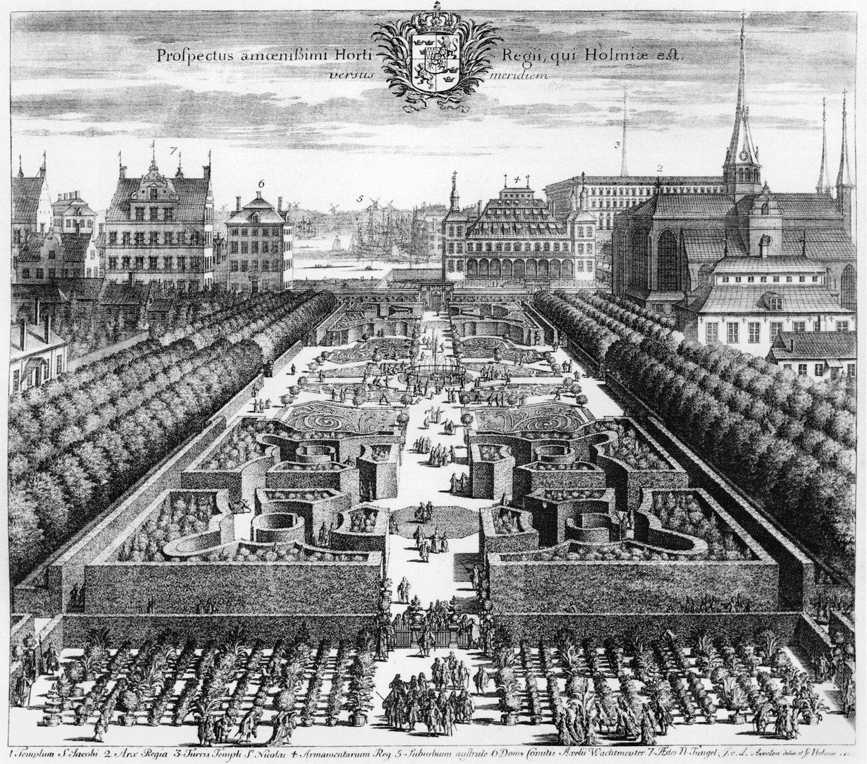 Stockholmi királyi kert, illusztráció a "Suecia Antiqua et Hodierna" című könyvből, 17. század vége. alkotó: Johannes Van den Aveele
