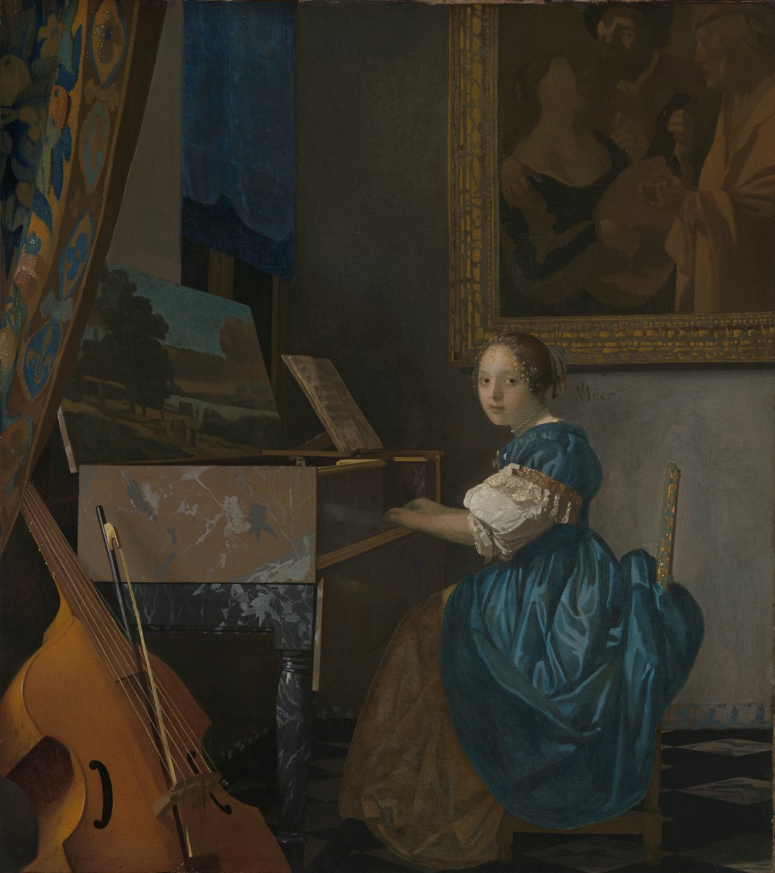 Eine junge Frau sitzt an einem Virginal alkotó: Johannes Vermeer