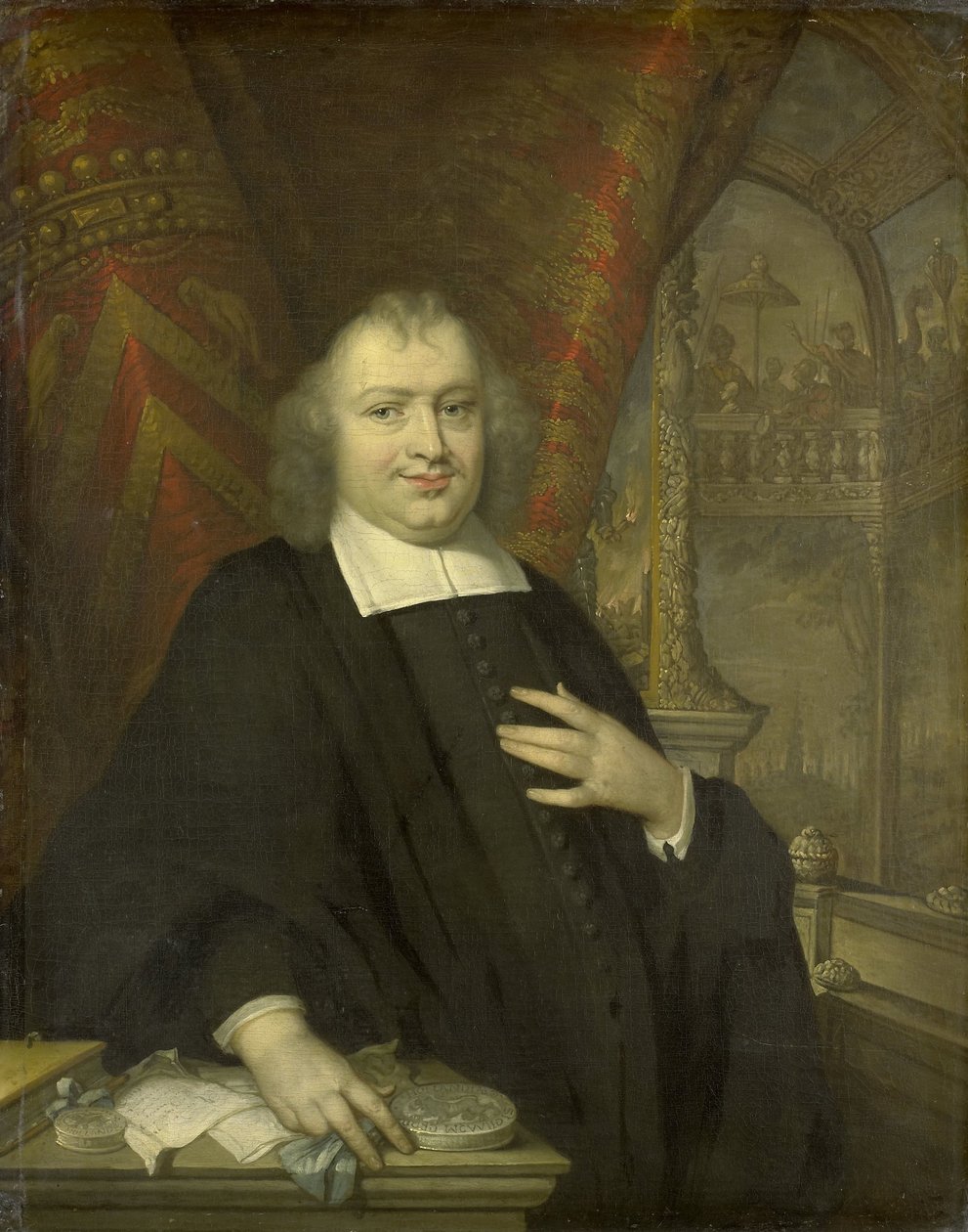 Gaspar Fagel, 1672 utáni holland nagynyugdíjas portréja a háttérben a hágai Binnenhofban található a Holland Államok Találkozóterme alkotó: Johannes Vollevens (I) (copy after)