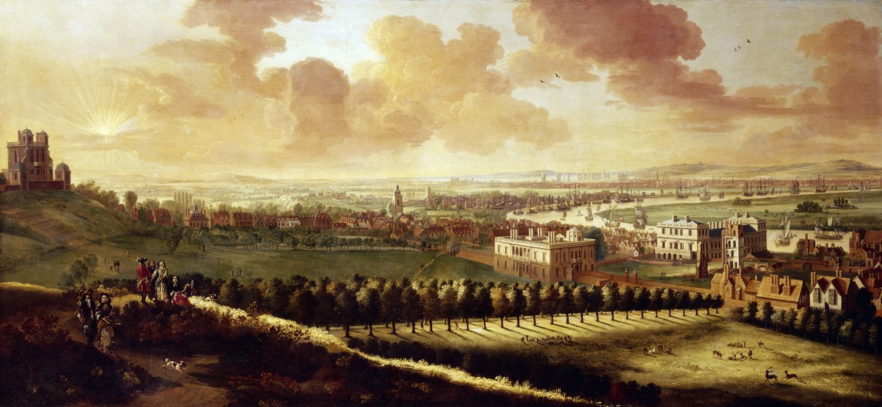 Greenwich és London (Anglia) látképe 1680 körül, balra a Királyi Csillagvizsgáló, középen a királynő háza, a parkban szabadon üvöltő szarvasok. alkotó: Johannes Vorsterman