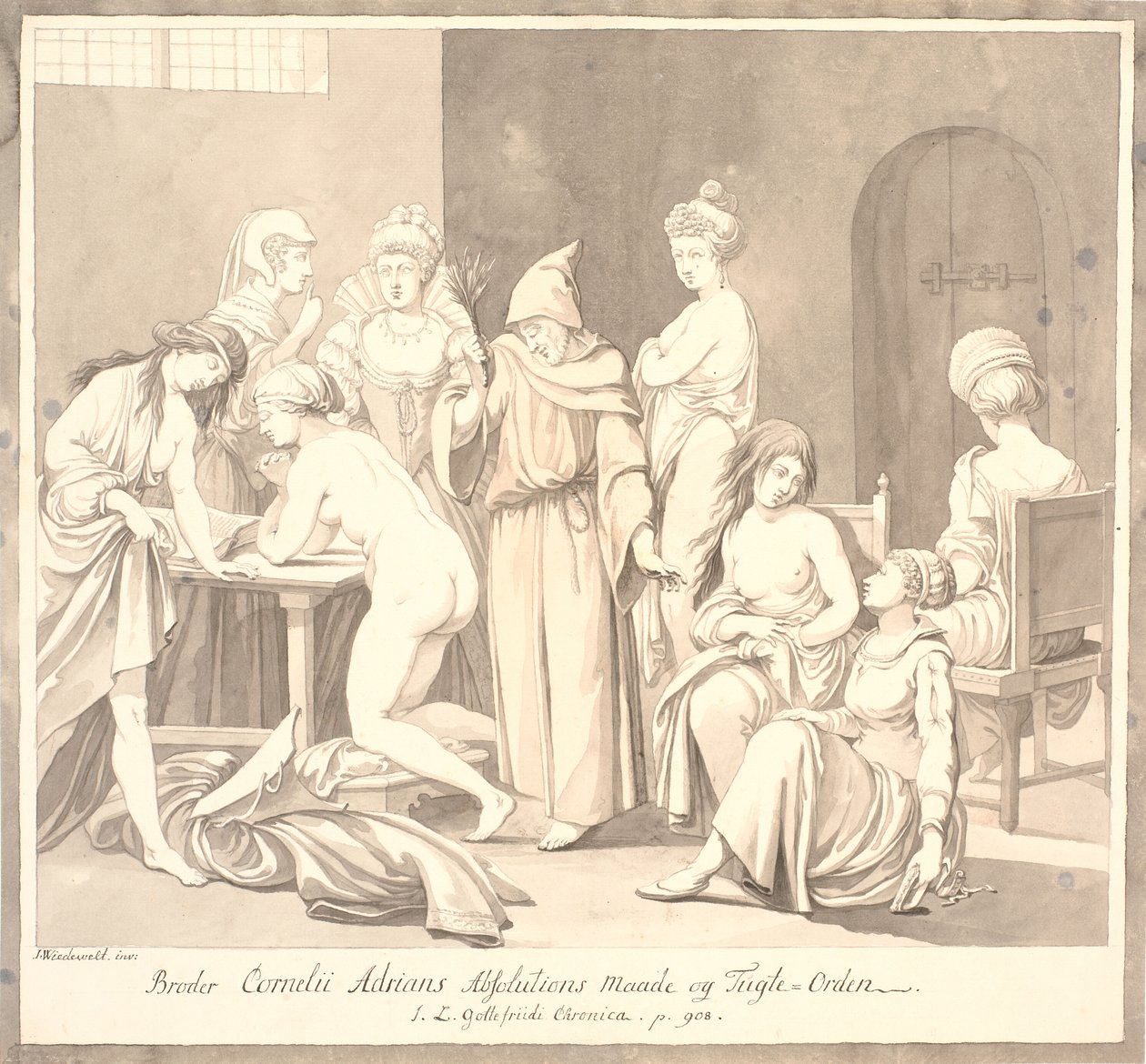 "Broder Cornelius Adrians Absolutions Maade og Tugte=Orden. / J.L. Gottefriidi Chronica. 908. o.." alkotó: Johannes Wiedewelt