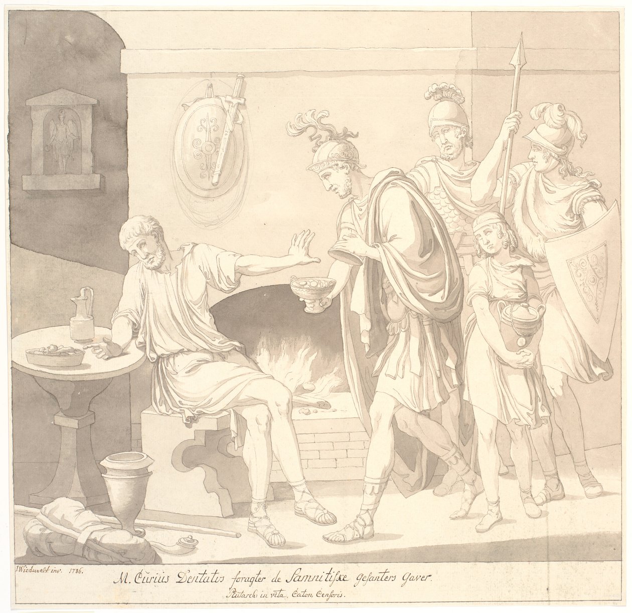 "M. Curius Dantatus foragter de Samnitiske Gesanters Gaver./ Plutach: in vita. Cato, a cenzor." alkotó: Johannes Wiedewelt