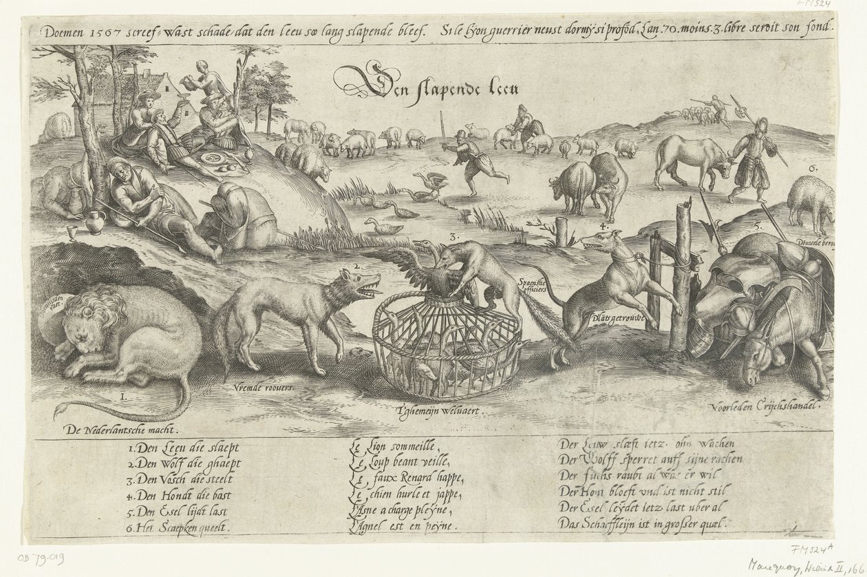 Az alvó oroszlán, 1567 Az alvó oroszlán (cím a tárgyon) Négy allegória az 1576-1579 közötti hollandiai eseményekről (sorozat címe) alkotó: Johannes Wierix (attributed to)