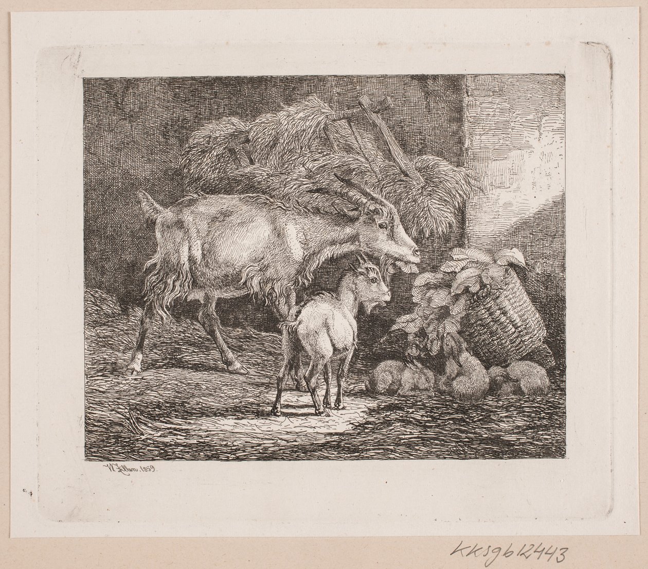 Egy kecske, egy kölyök és nyulak egy istállóban alkotó: Johannes Wilhelm Zillen