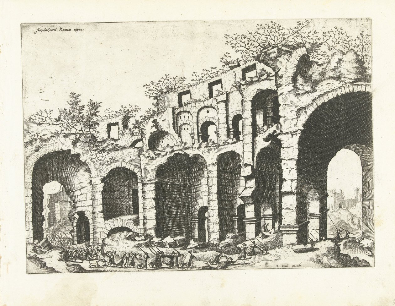 Kilátás egy amfiteátrumra, valószínűleg a Colosseumra Római romok, 1561 (sorozat címe) alkotó: Johannes of Lucas van Doetechum (attributed to)