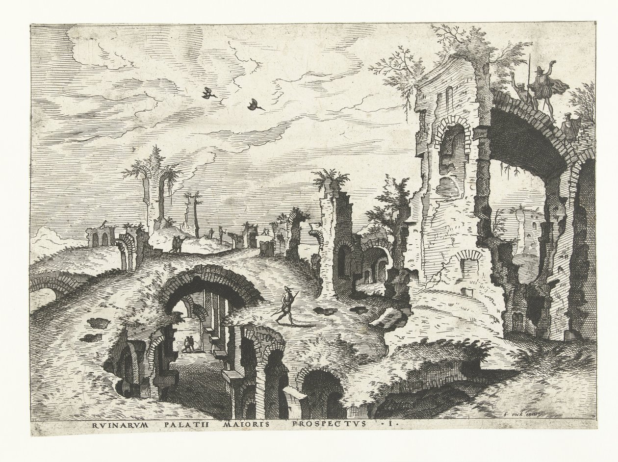 Kilátás a romokra a Palatinus-dombon Rómában Római romok, 1561 (sorozat címe) alkotó: Johannes of Lucas van Doetechum (attributed to)