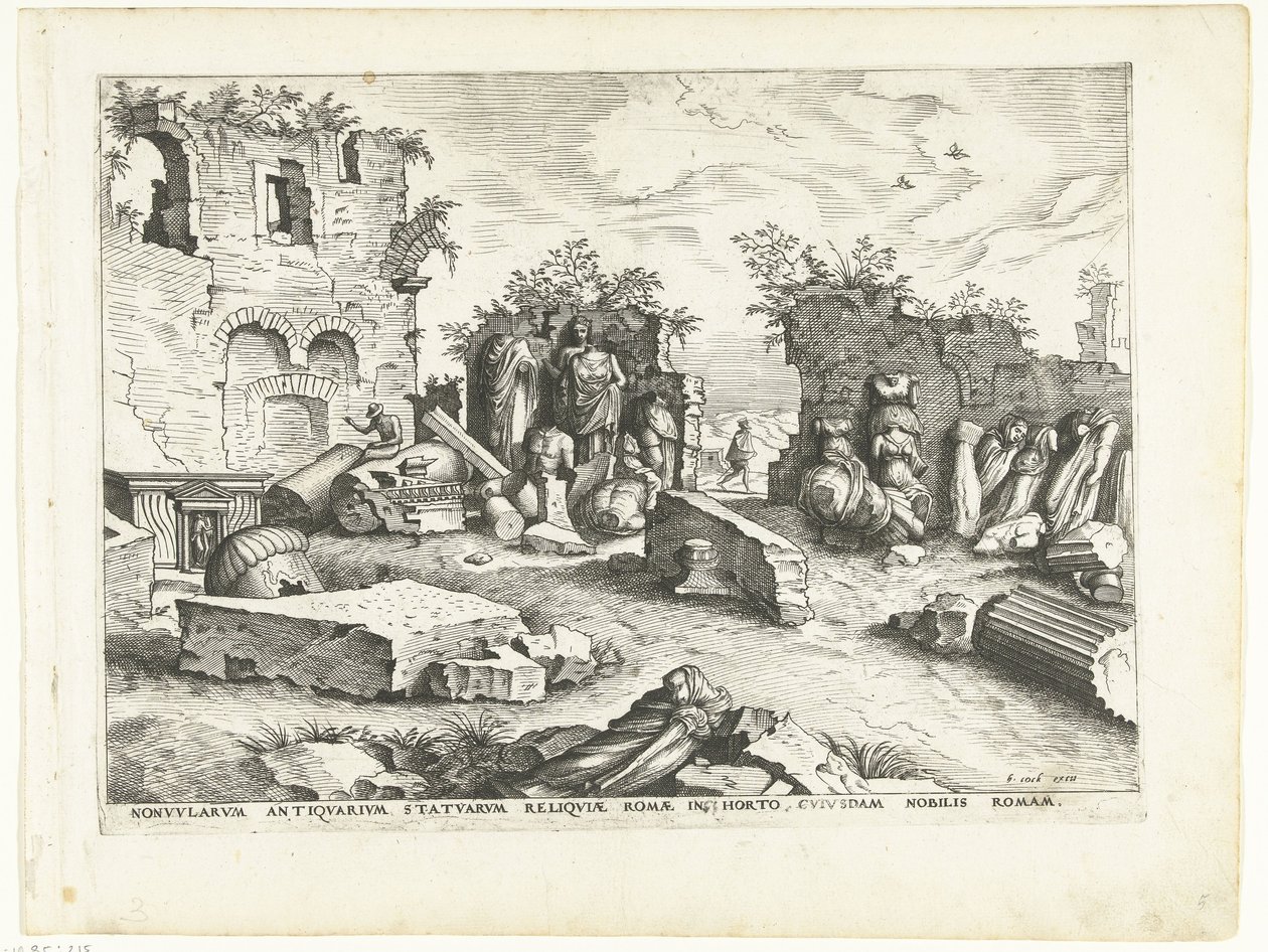 Kert antik szobrok töredékeivel Római romok, 1561 (sorozat címe) alkotó: Johannes of Lucas van Doetechum (attributed to)