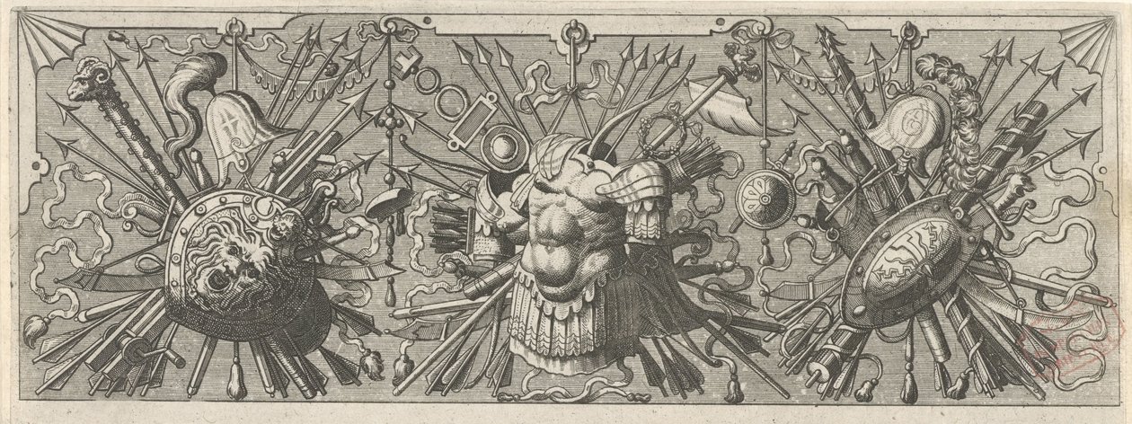 Panoplia. Fríz római karokkal, felső rész Panoplia sev armamentarium… (sorozat címe) alkotó: Johannes of Lucas van Doetechum
