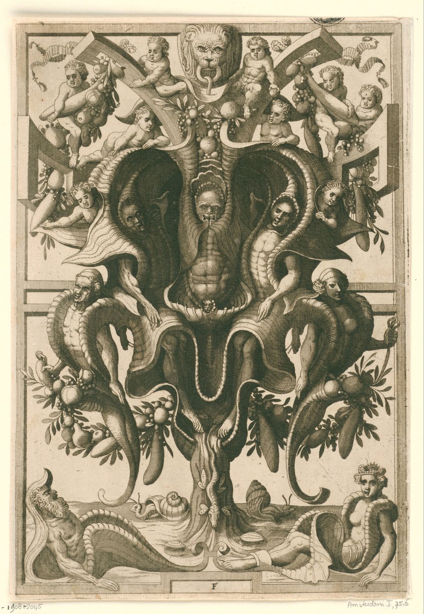 Kagylószerű dísz, amelyben alakok vannak bebörtönözve. Veelderleij Wisselinghe van grotissen ende Compertimenten (...)Libro Primo (sorozat címe) alkotó: Johannes of Lucas van Doetechum