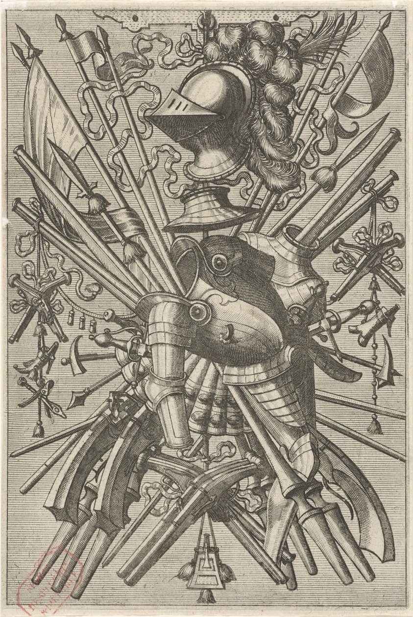 Felületi dekoráció, amely egy fegyvertrófeából áll Felületi dekorációk és frízek trófeákkal (sorozat címe) alkotó: Johannes of Lucas van Doetechum
