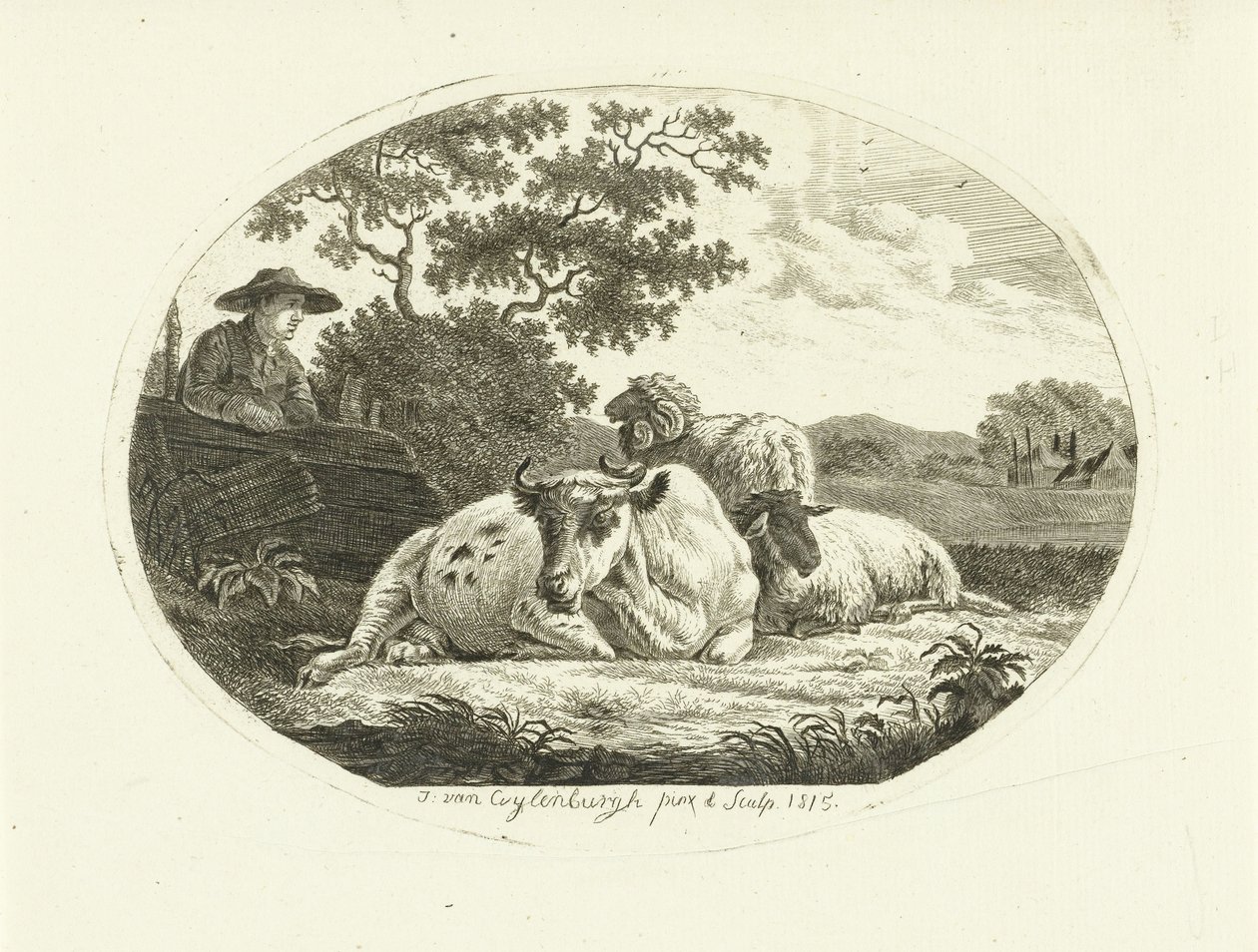 Tehén, birka és kos a réten és a kerítésre támaszkodó farmer alkotó: Johannes van Cuylenburgh