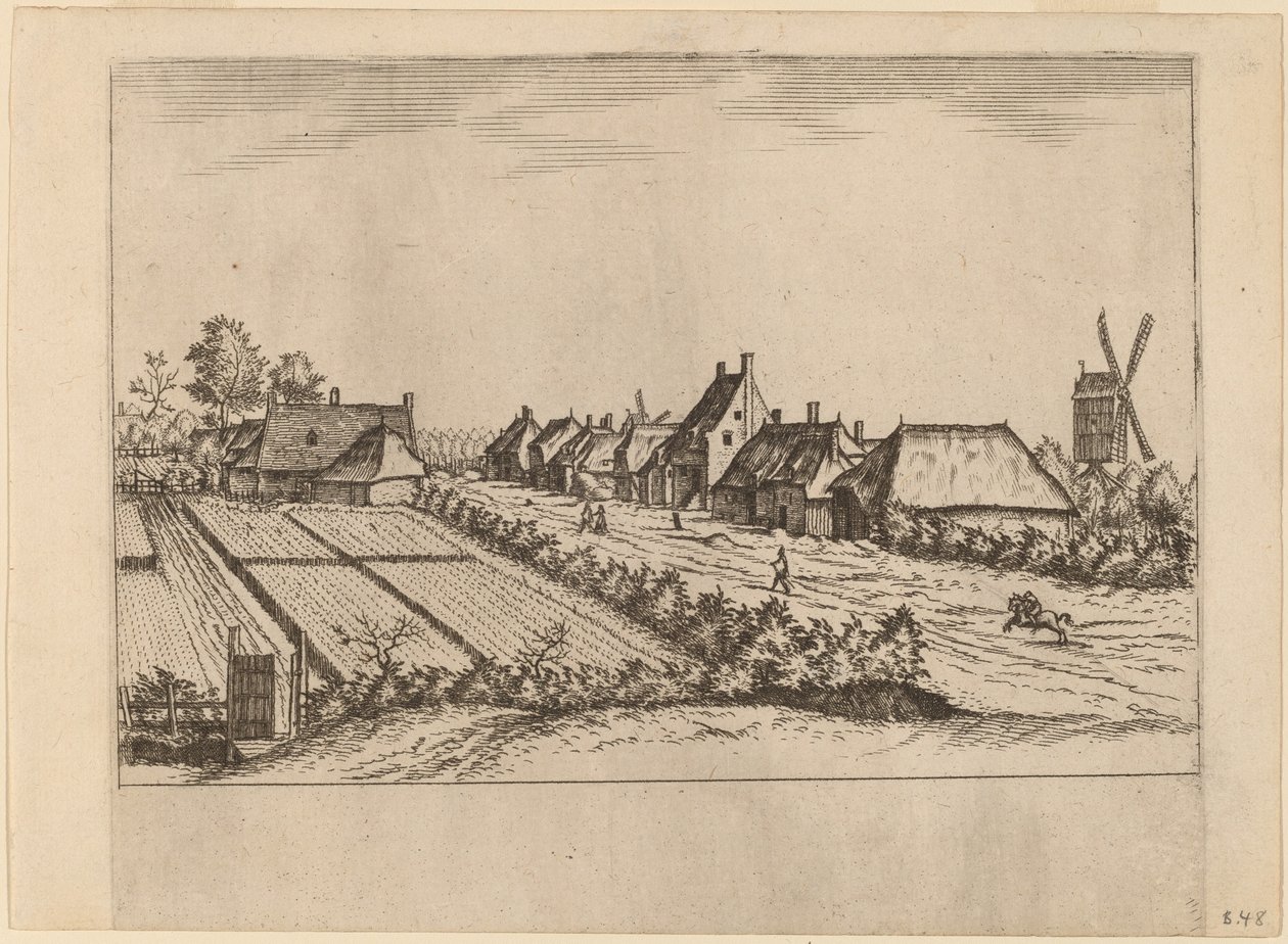 Fields és egy faluút a postamalóval alkotó: Johannes van Doetechum, the Elder and Lucas