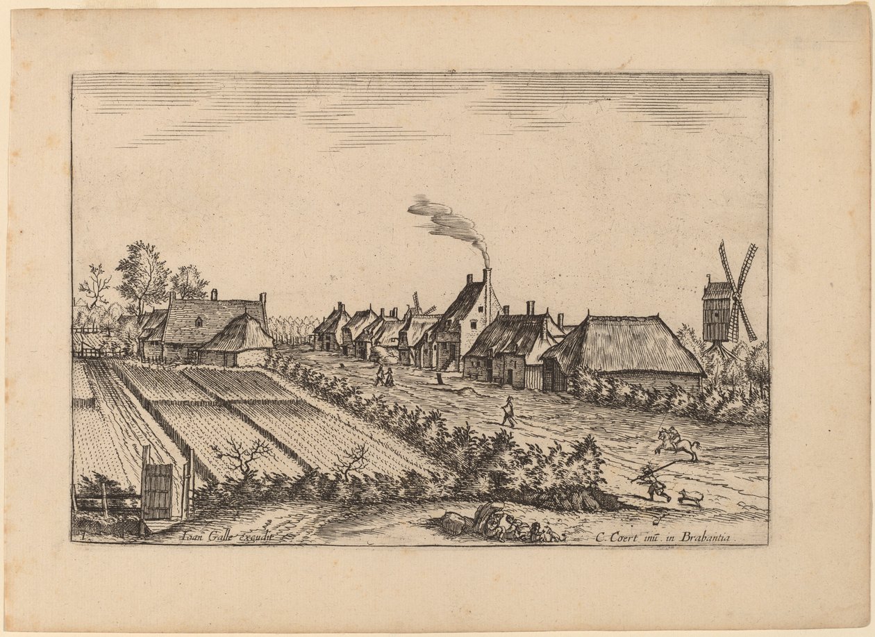 Fields és egy faluút a postamalóval alkotó: Johannes van Doetechum, the Elder and Lucas