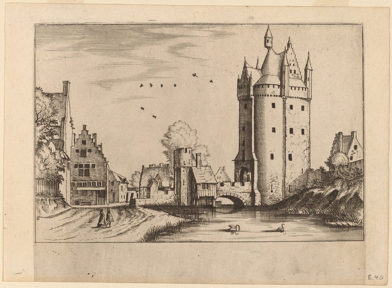 Városkapu vidéki házakkal alkotó: Johannes van Doetechum, the Elder and Lucas