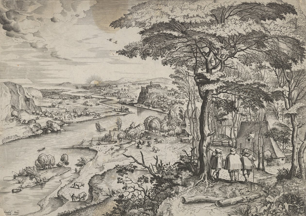 Zarándokokkal az emauszi tájba megyünk Emmausban, kb. 1555-56. Alkotók: Johannes van Doetecum I, Lucas van Doetecum alkotó: Johannes and Lucas van Doetecum