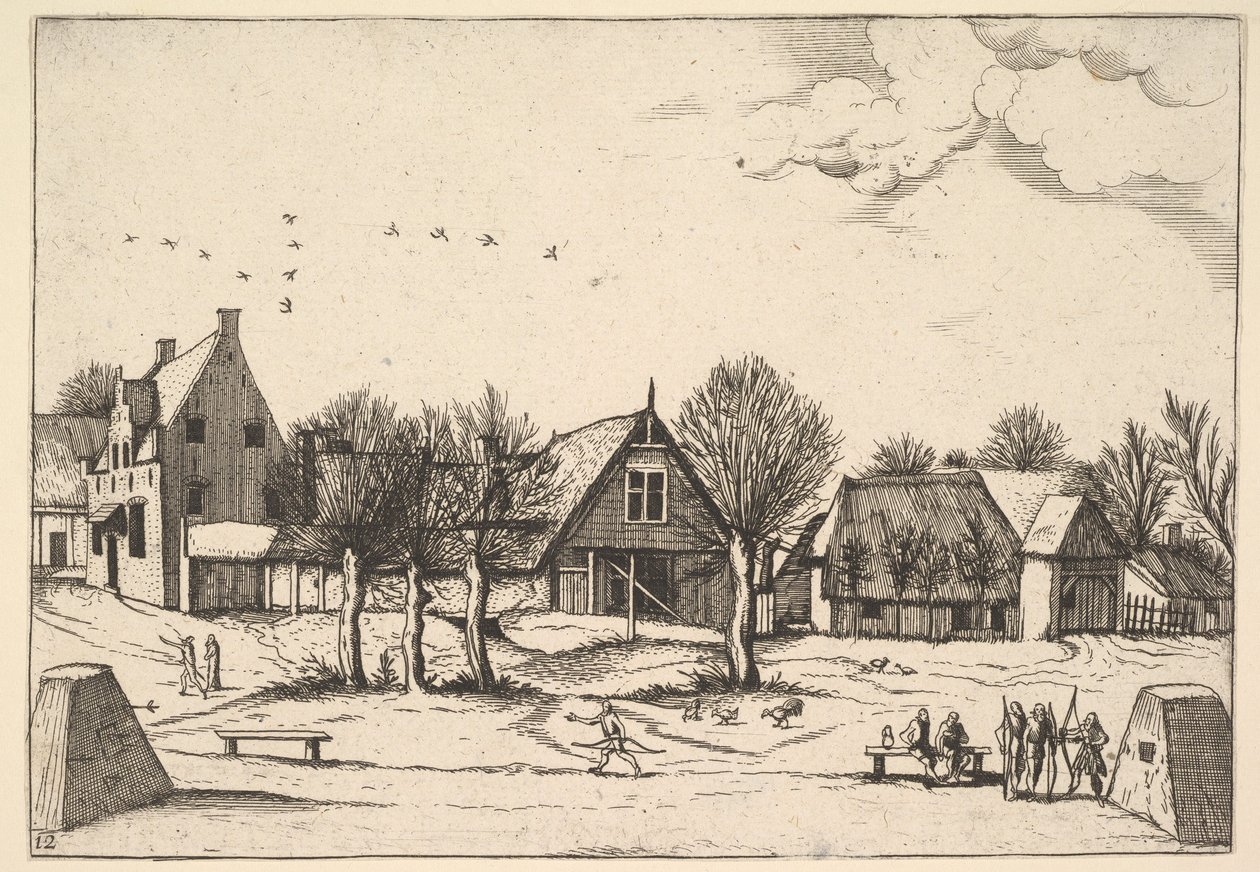 Vidéki falu, előtérben íjászok a Multifariarum casularum ruriumque linea..., 1559-61. alkotó: Johannes van Doetecum I
