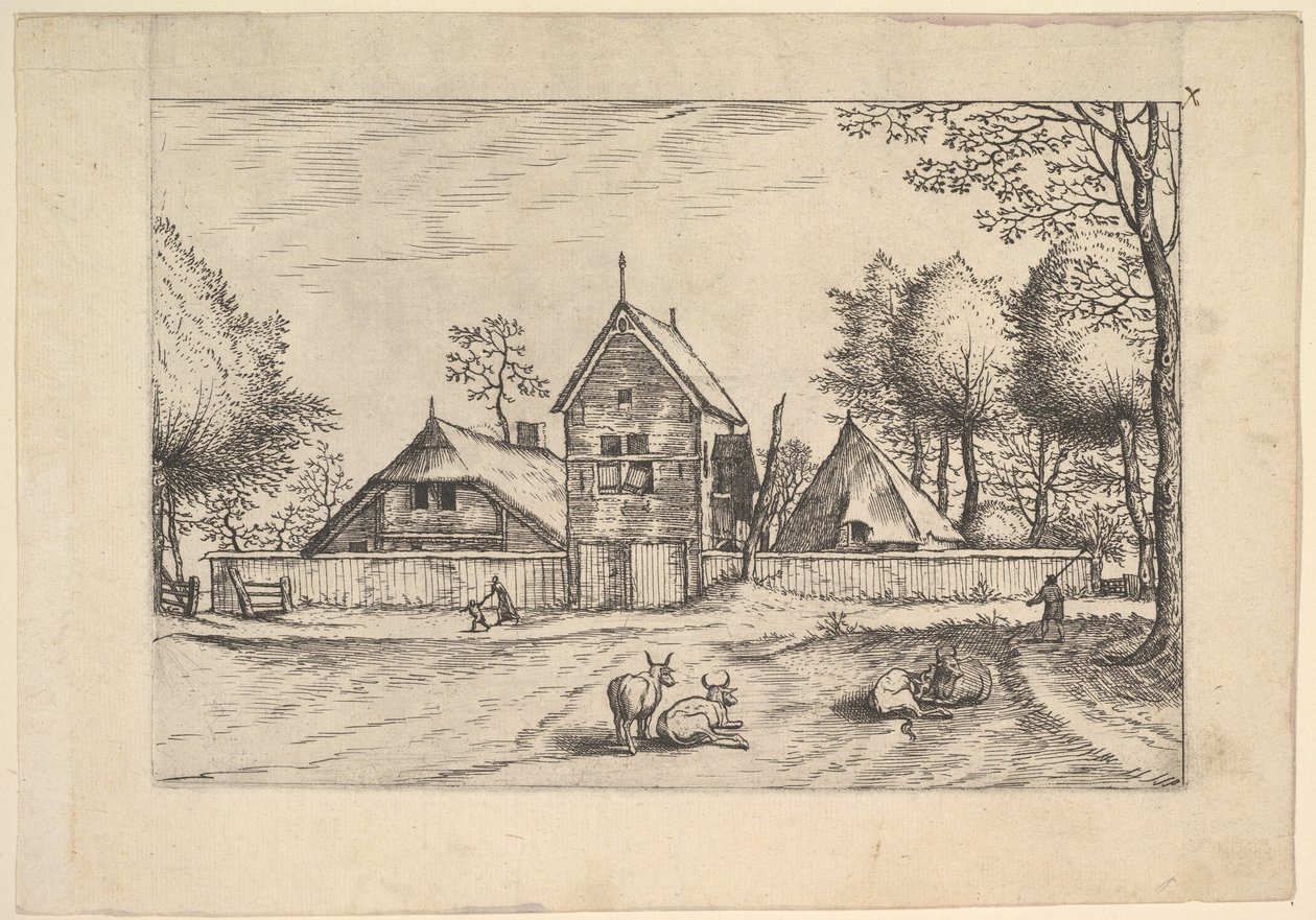 Tanya, tehenek és pásztor az előtérben a Praediorum villarum et rusticar..., kb. 1559-61. alkotó: Johannes van Doetecum I