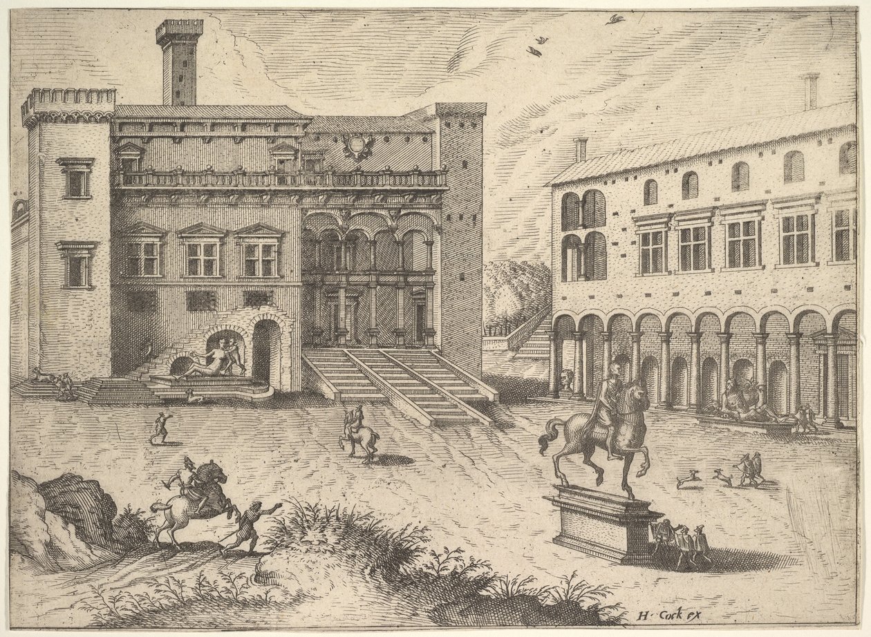 Kilátás a Campidoglio-ra a Capitolium-hegyen, lovas szoborral jobbra lent, innen..., 1562. alkotó: Johannes van Doetecum I