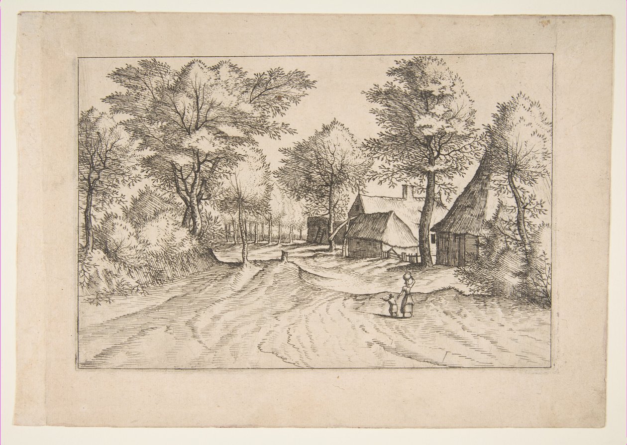 Falusi út tanyával és fészerekkel, a The Small Landscapes Multifariaru... sorozatból, 1559-61. alkotó: Johannes van Doetecum I