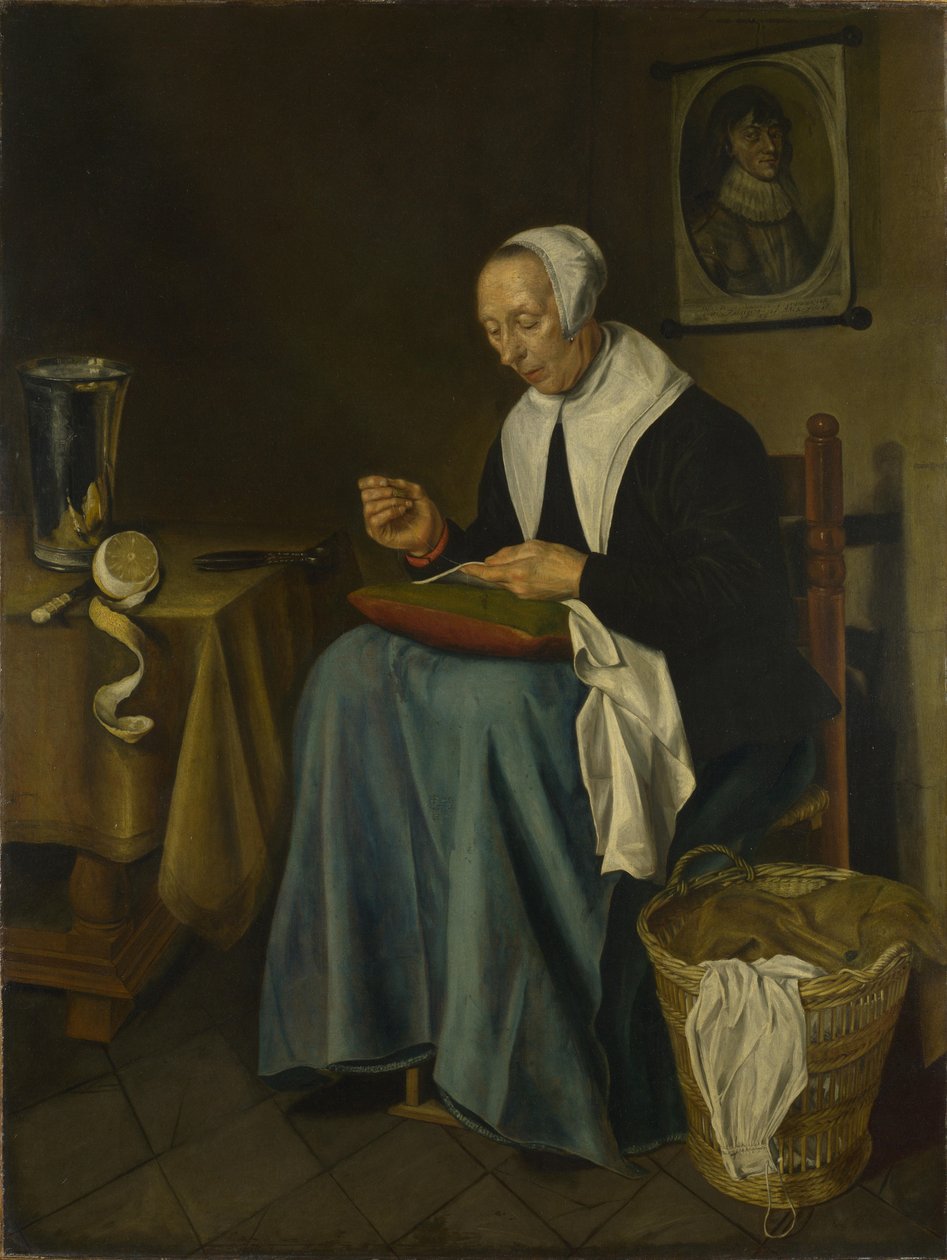 Egy öregasszony ülő varrás, 1655 alkotó: Johannes van der Aeck